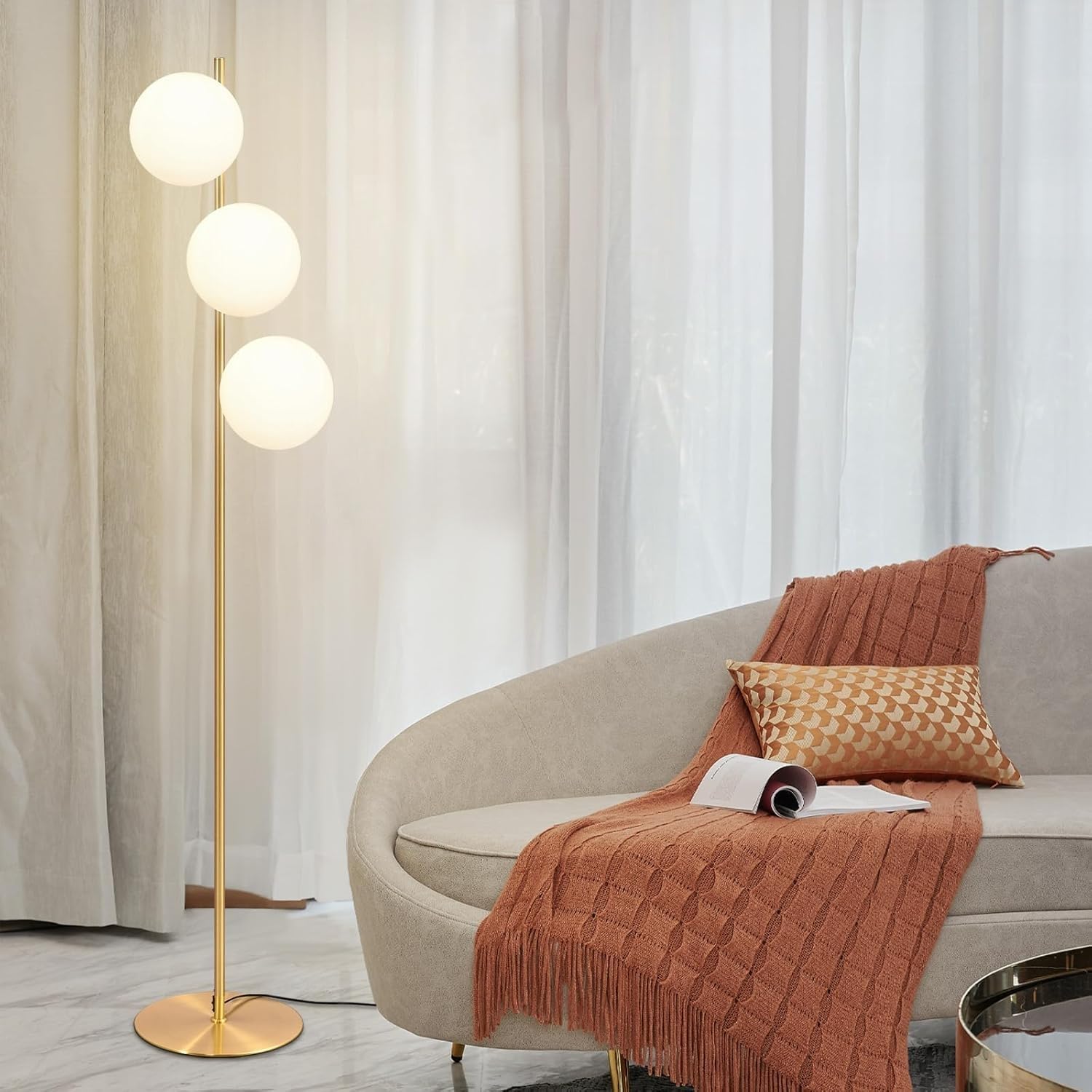 NETTLIFE Lampadaire Moderne - Lampadaire Salon E27 Or Design Lampe à 3 Flammes avec Interrupteur à Pied Métal Blanc Verre Industriel Lampe de Sol - 8