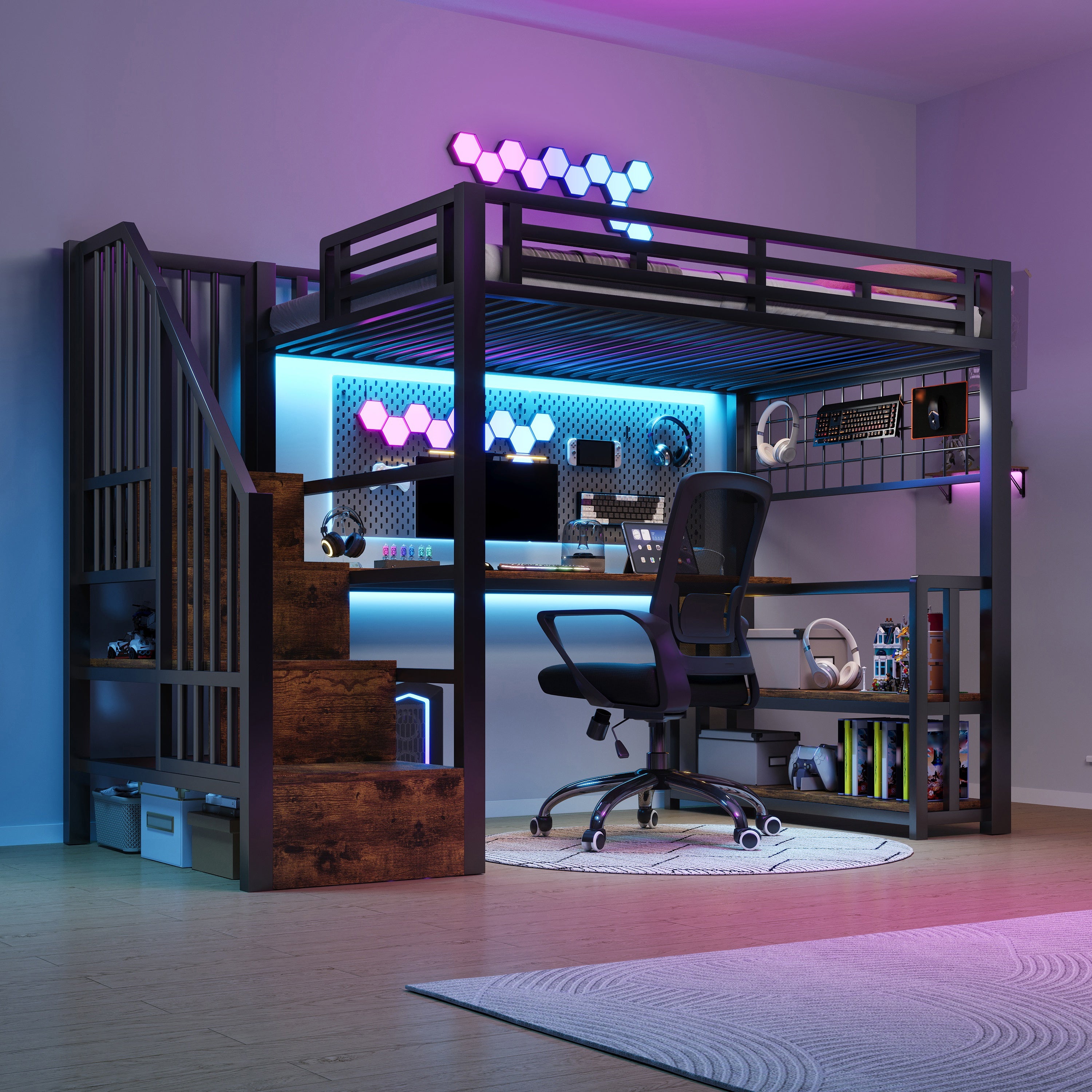 Łóżko 90 x 200 cm z biurkiem i półką - żelazna rama - oświetlenie LED, 2 porty USB i 1 port typu C - czarne (materac nie jest w zestawie)