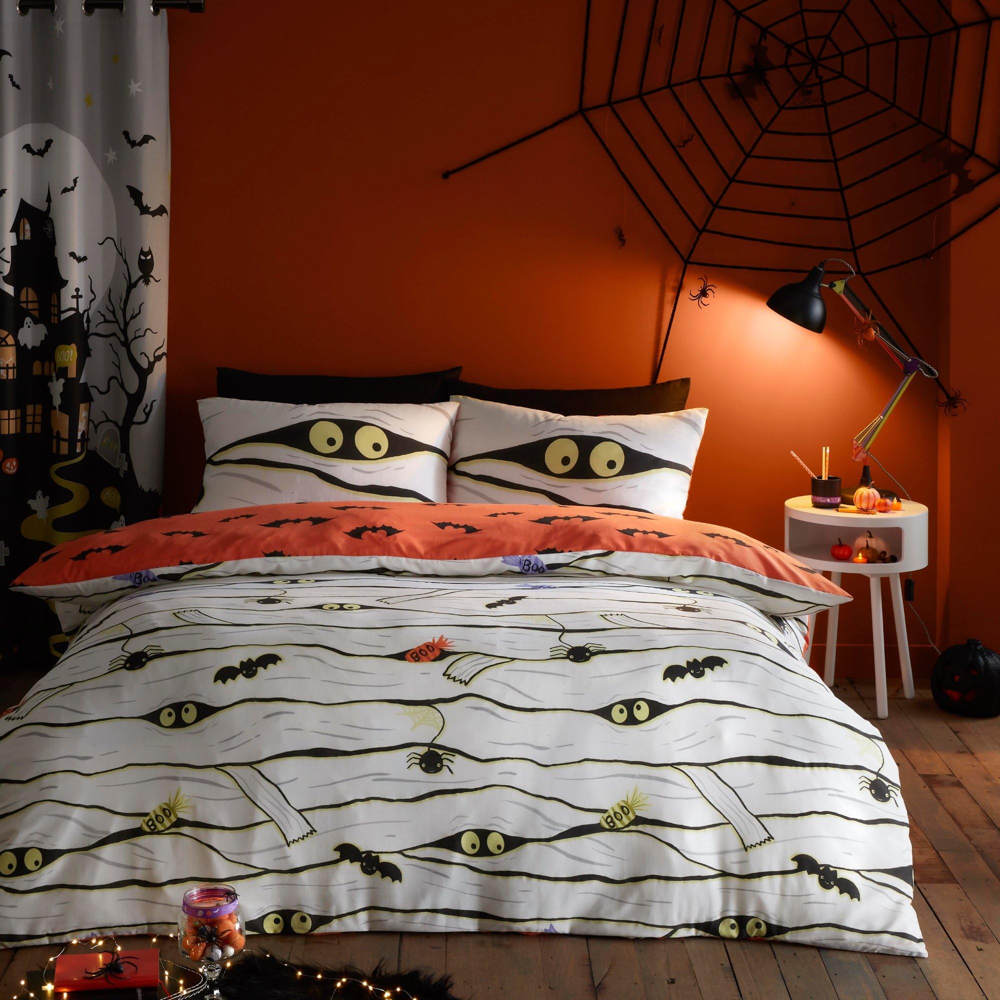 Bedlam Halloween Glow Copriletto Halloween Bedlam - Glow In The Dark Con Zucche E Teschi 140x200cm Biancheria Letto Tema Horror