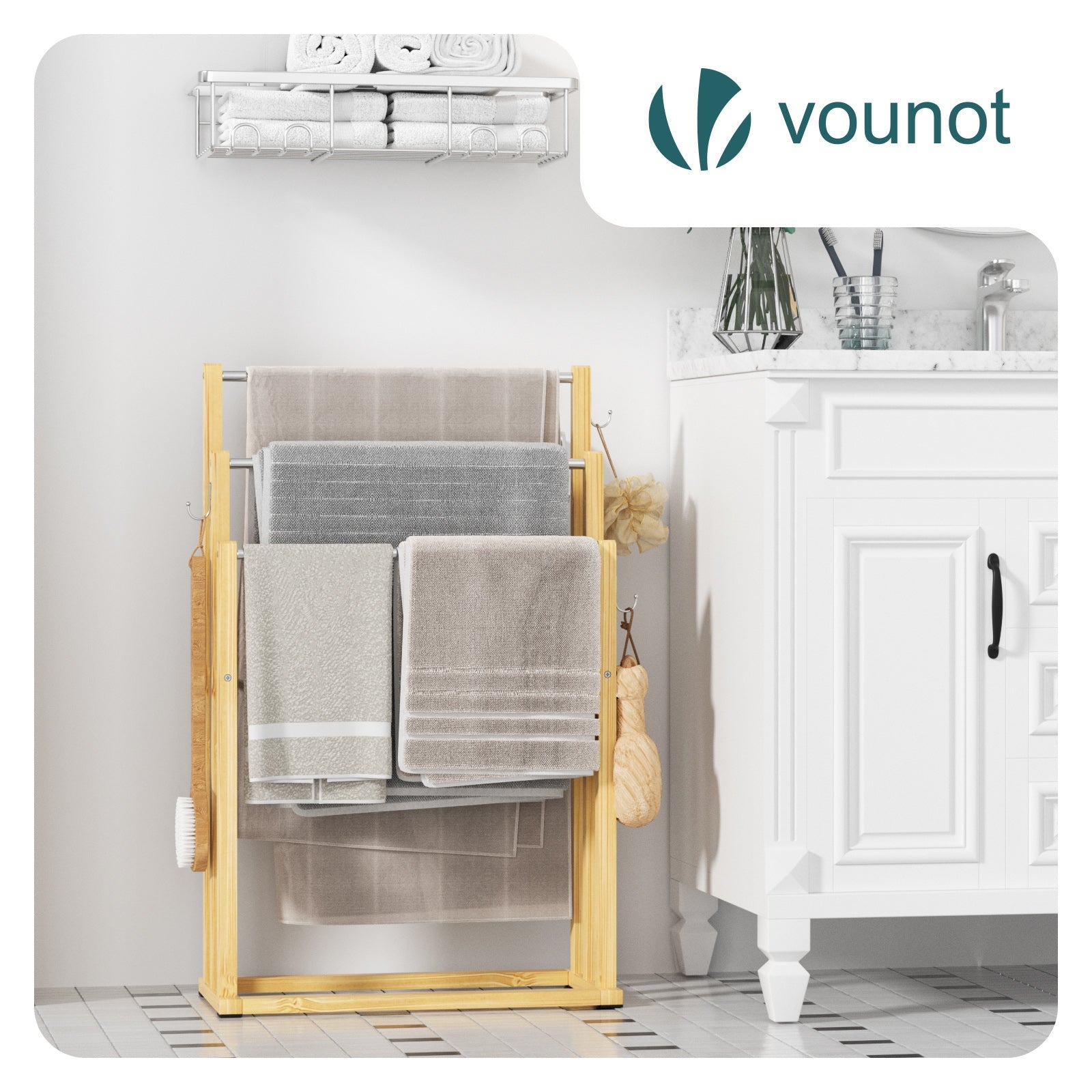 Porte-serviettes autoportant sur pied - Support à 3 niveaux avec crochets - Bambou - VOUNOT® - 2