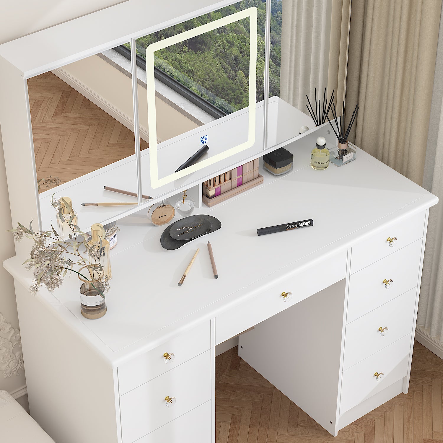 Coiffeuse avec miroir en MDF Blanc H. 137.0 x l. 110.0 x P. 50.0 cm - 5