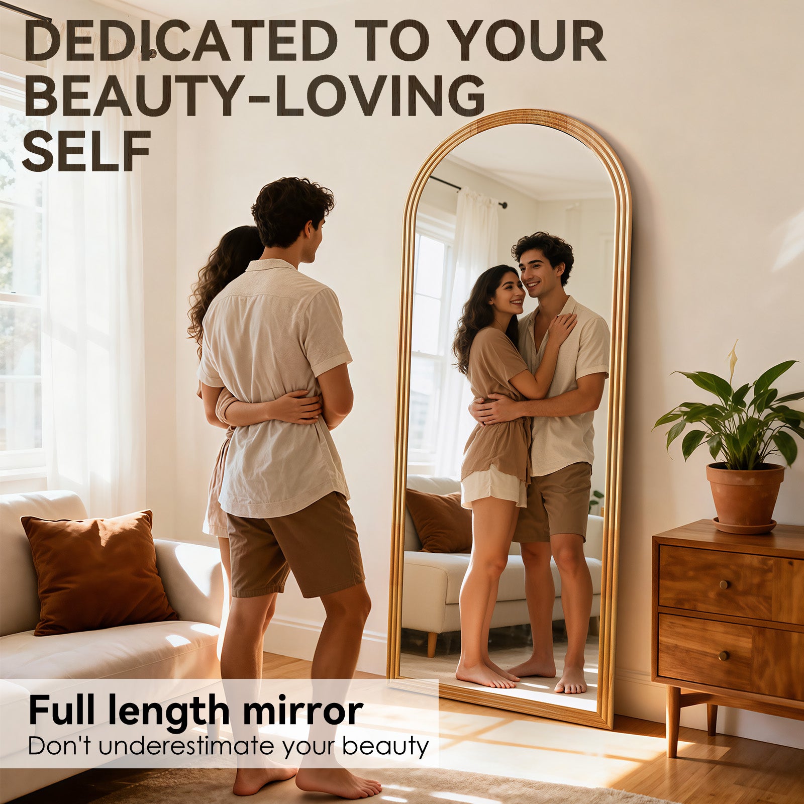 Miroir sur pied, miroir pleine longueur en chêne arqué, cadre en bois, miroir de chambre 160*50cm avec support - 6