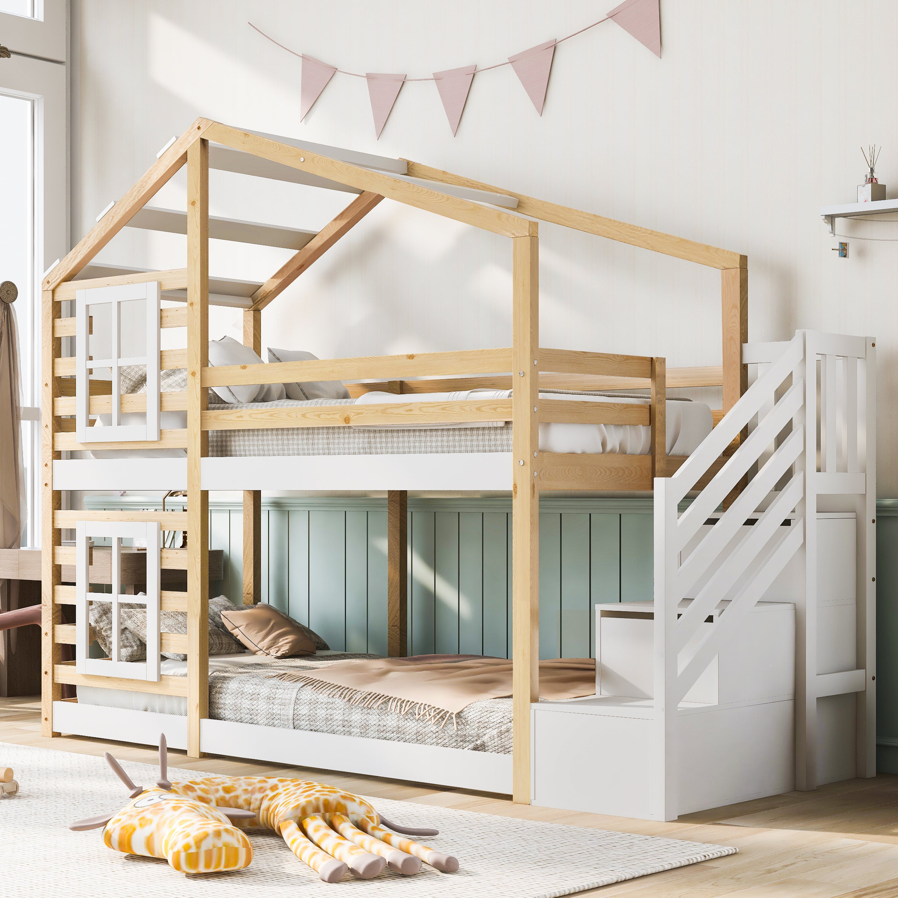 Etagenbett Baumhaus Kinder 90x200 cm - Natur &amp; Biały, z magazynowaniem i ochroną przed spadaniem