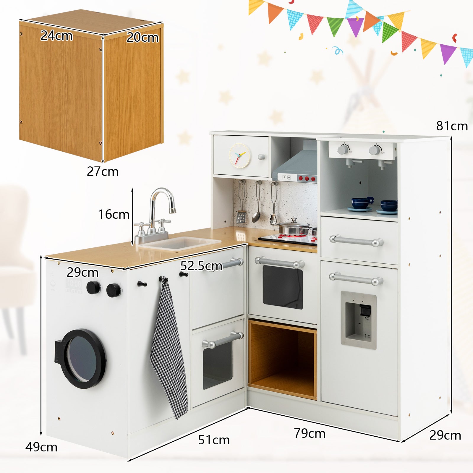 Cuisine Enfants Bois ,Jeux d’Imitation Cuisinière avec Machine à Laver, Sons et Lumière Réels,Tabouret,Cafetière,Distributeur d'eau, Blanc - 3