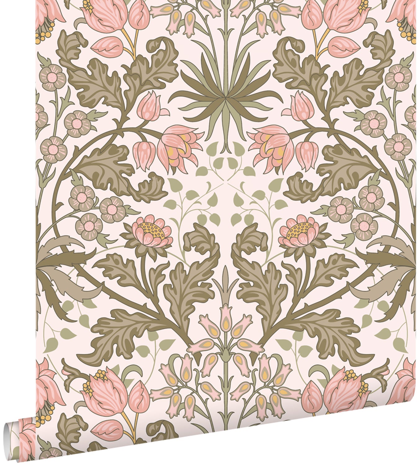 Papel pintado flores vintage en estilo art nouveau rosa claro y verde grisáceo - 50 x 900 cm - estahome