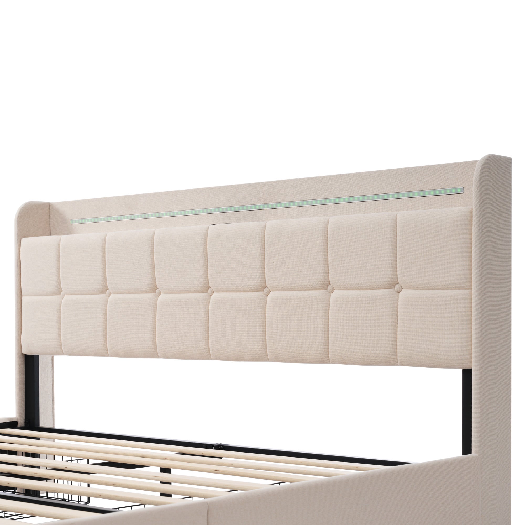 Łóżko tapicerowane 180x200cm z lnu - z LED i portami ładowania USB - 2 szuflady - Beżowe - 7
