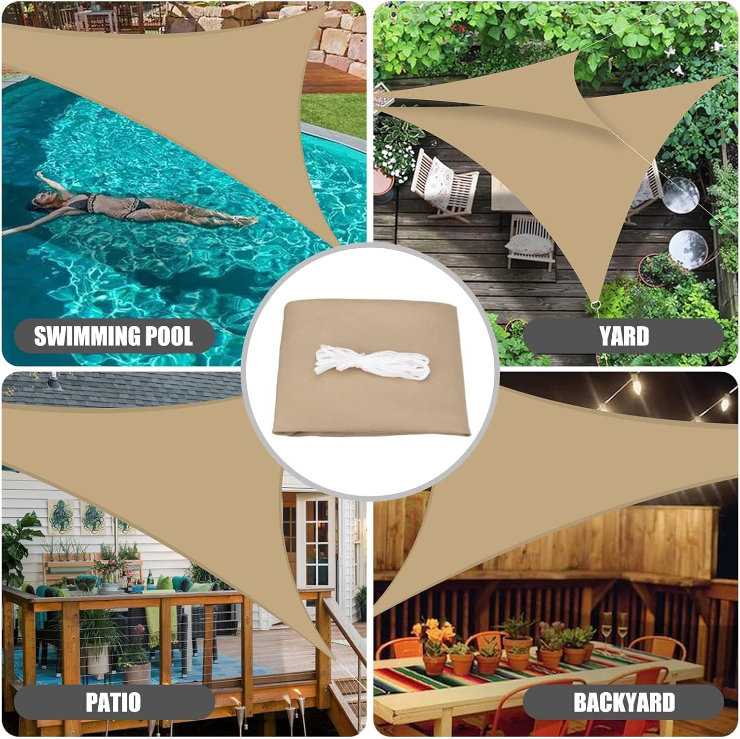 Shade Sail, Triangular 2 x 2 x 2 Awning, Sunshade for Patio, Carport, Backyard, Garden, etc., Beige - 2
