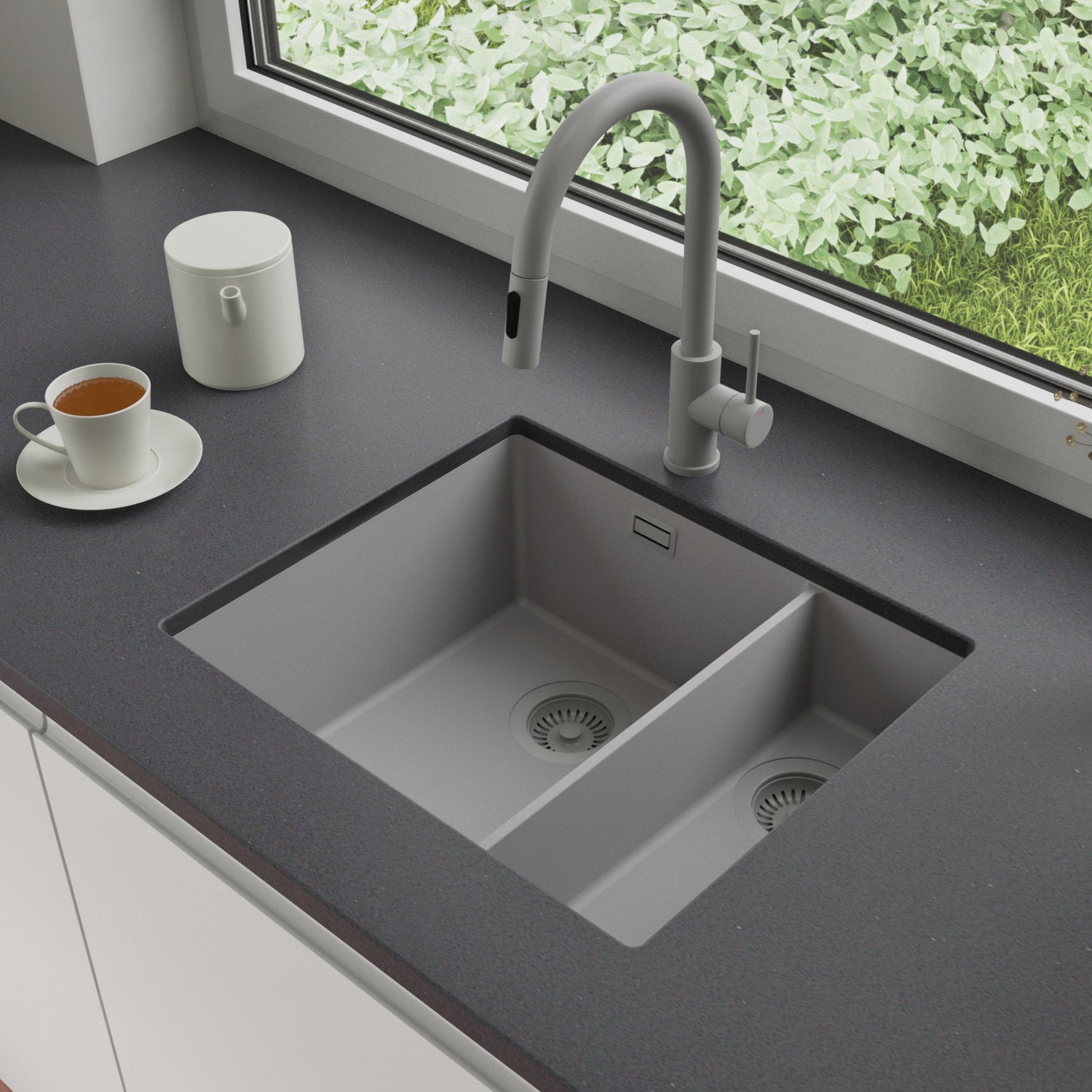 Zlewozmywak podblatowy 56x47cm, do szafki od 60cm + Bateria + Syfon - Agate Szary STONESTYLE