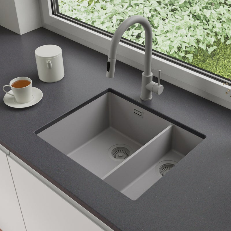 Zlewozmywak podblatowy 56x47cm, do szafki od 60cm + Bateria + Syfon - Agate Szary STONESTYLE