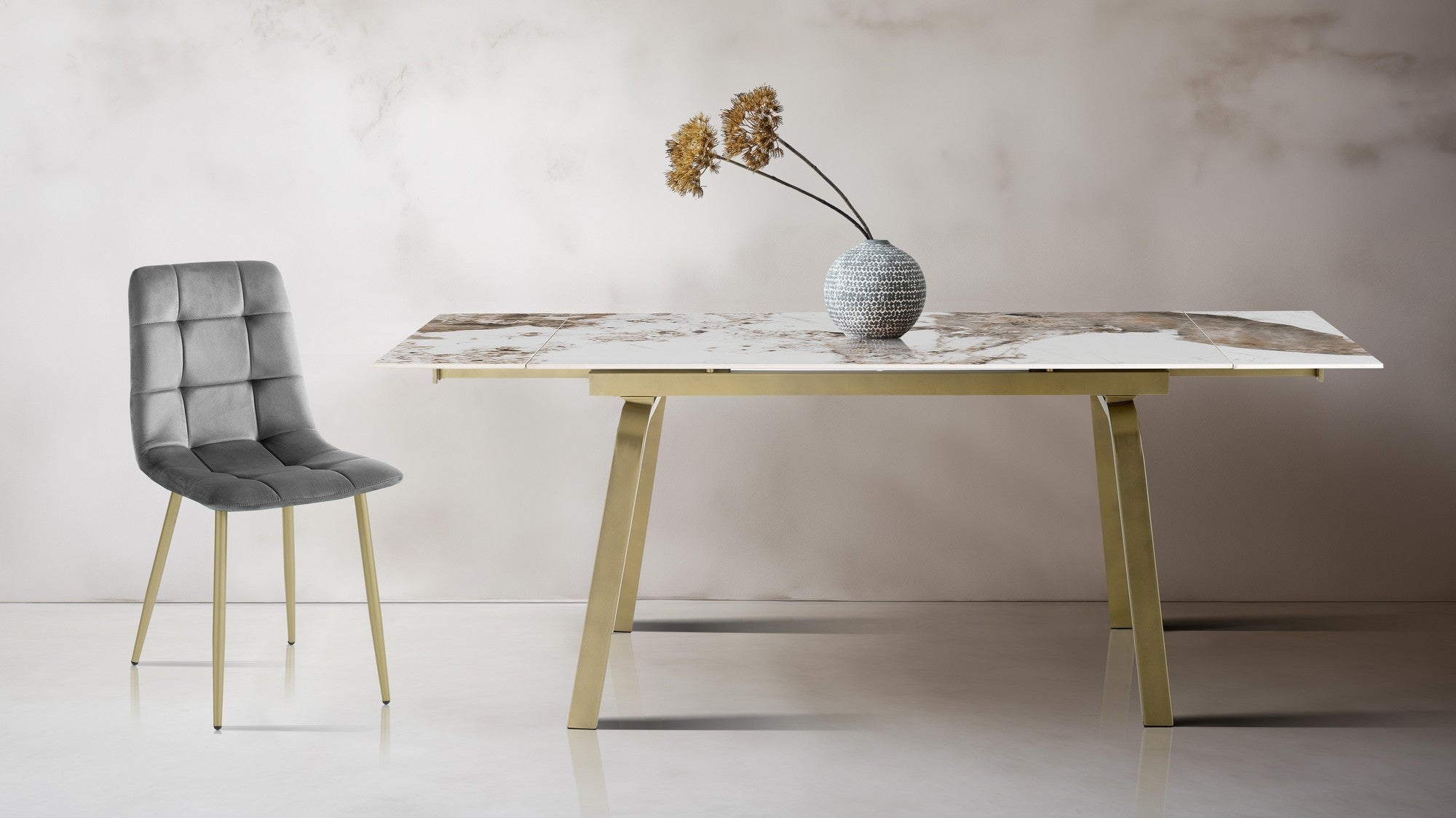 Rozkładany stół TRUST ONICE GOLD z marmuru ceramicznego i metalu w kolorze złotym 140/200x81,5x76,5 cm jadalniany - 7