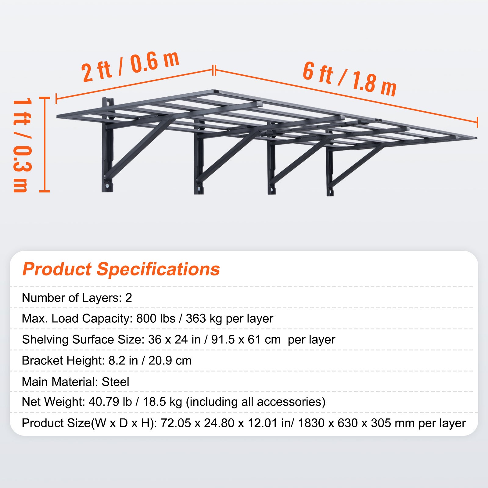 Étagère Murale Flottante de Rangement Garage VEVOR 183x61cm Lot de 2 Grande Surface Utilisable Capacité de Charge 363kg par Étagère Suspendue d'Outils - 7