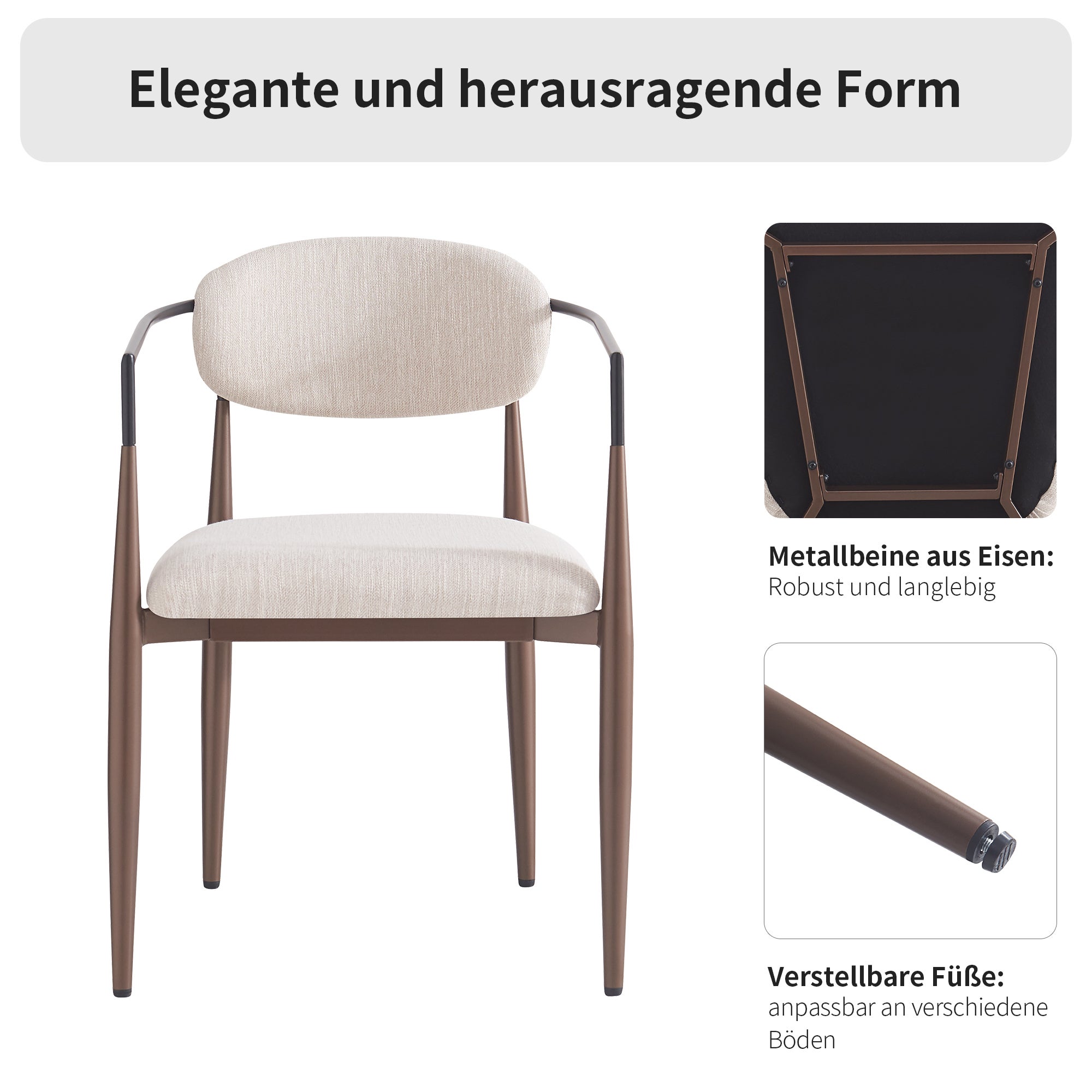 Lot de 2 chaises de salle à manger avec accoudoirs - 57 x 60 x 81 cm - Tissu en lin et pièds en métal - Beige - 5