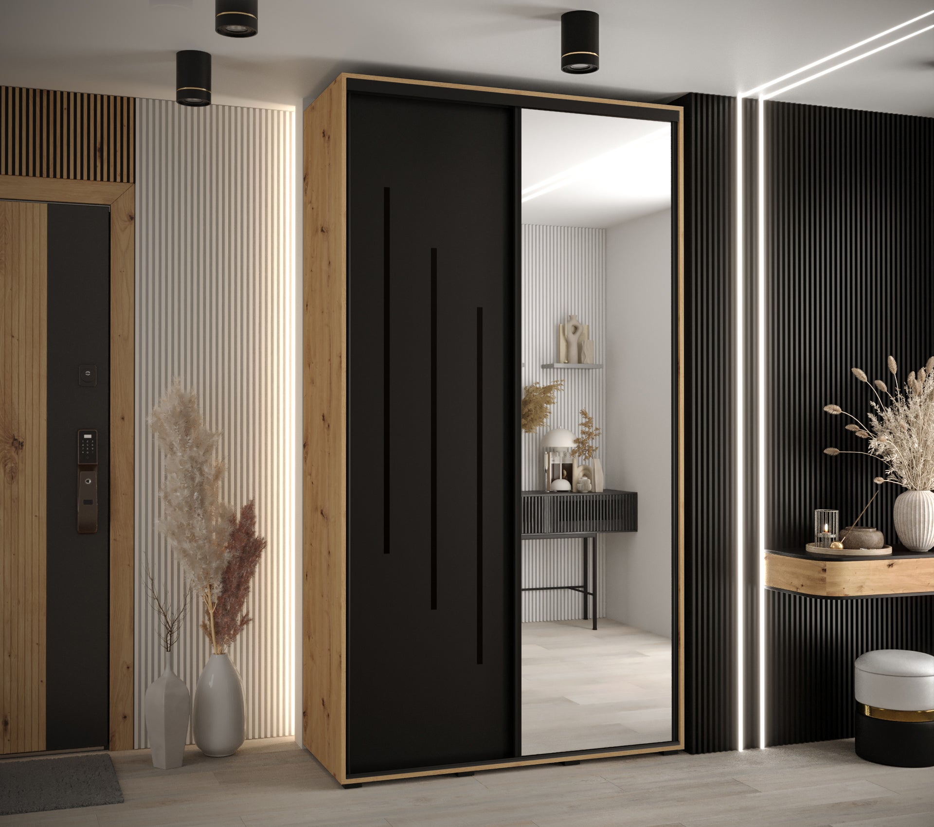 Szafa przesuwna z lustrem wysoka Davos 9 130 x 45 x 235,2 cm artisan + czarny + u. czarny - Abiks Meble - 2