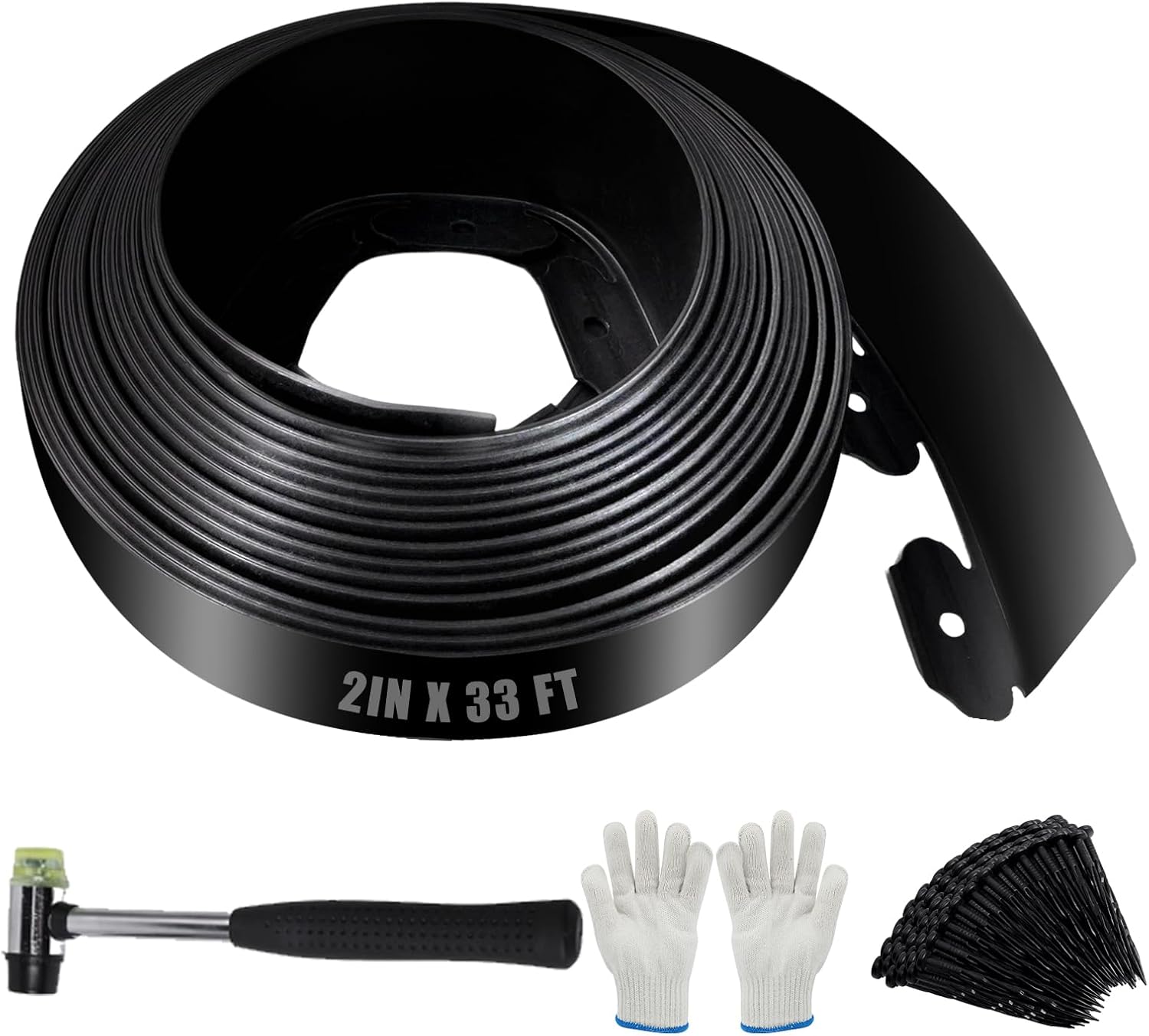 Bordură flexibilă de grădină din plastic 5 cm x 10 m, cu 100 de țăruși, ciocan și mănuși, pentru gazon, alee și strat de flori