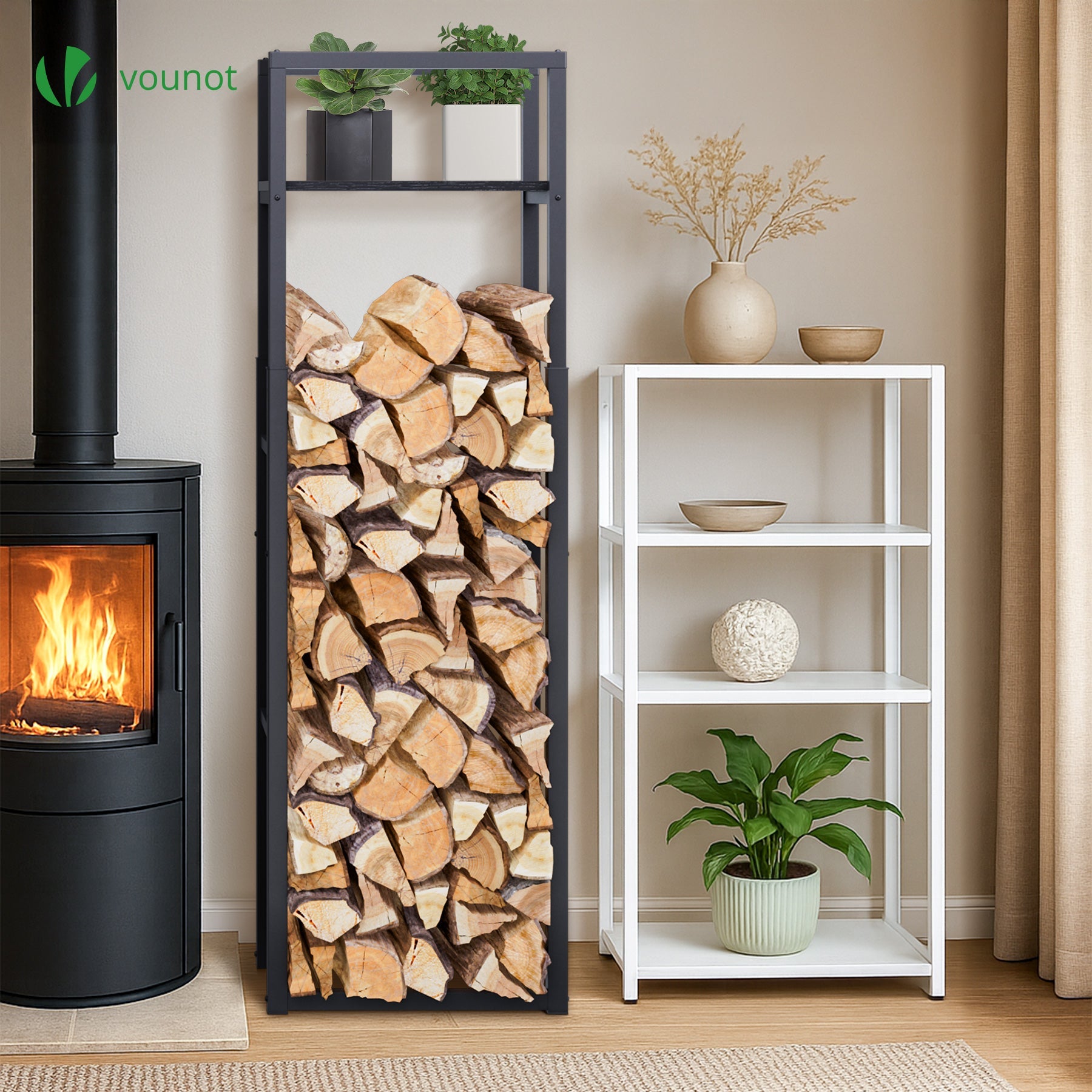 Porte bûche vertical télescopique avec étagère 45x32x170cm - métal - range bûche pour cheminée intérieur et extérieur - noir - VOUNOT® - 2