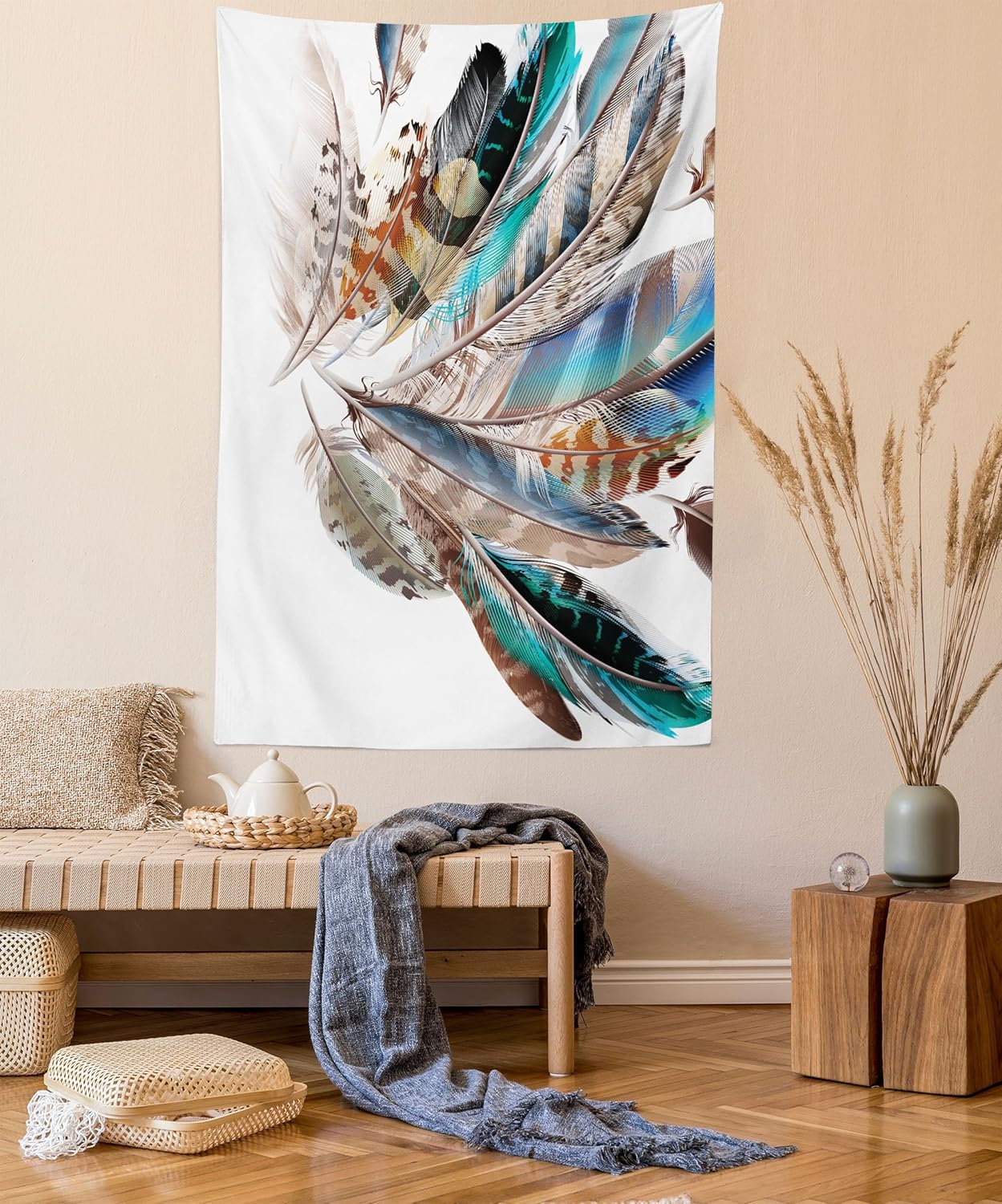 Gobelin z piór, rodzaje piór i rodzime kontury, pióra ptaków i elementy skór zwierzęcych, salon, sypialnia, 152 x 203 cm, brązowo-zielony