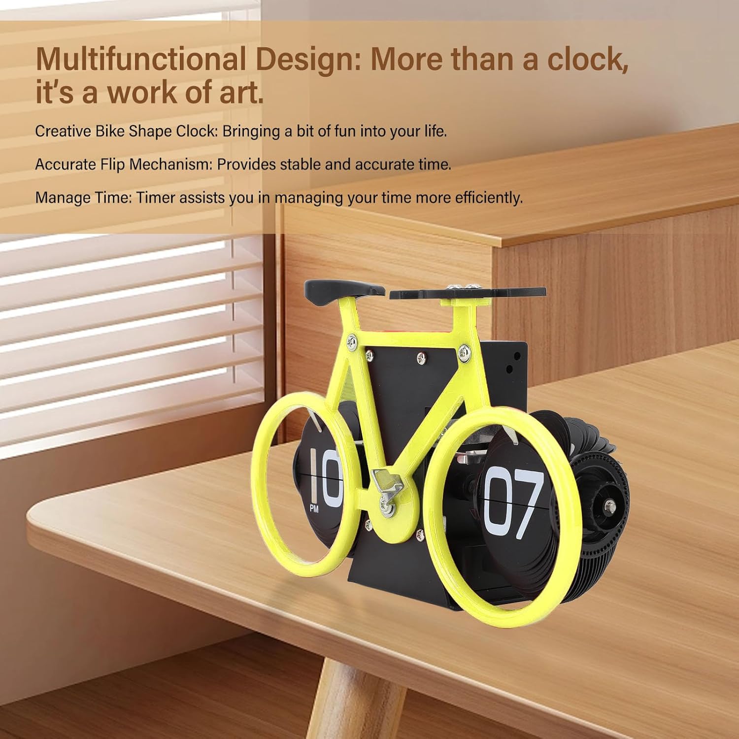 Horloge de table en forme de vélo, horloge à rotation automatique des pages, horloge décorative rétro, horloge à rotation simple des pages (jaune) - 3