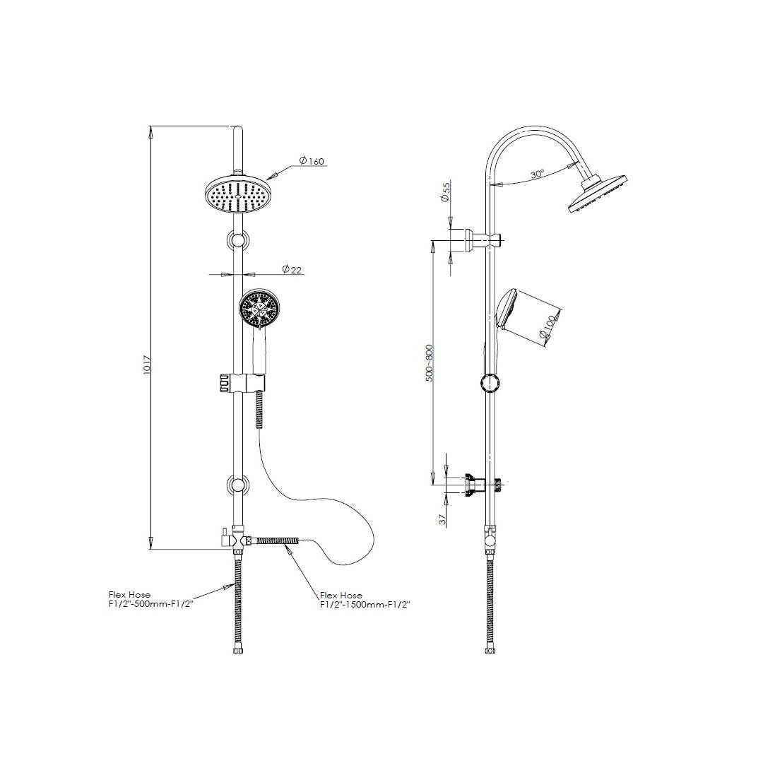 Barre de douche avec pomme de douche fixe et pommeau manuel + déviateur modèle “m” - 2