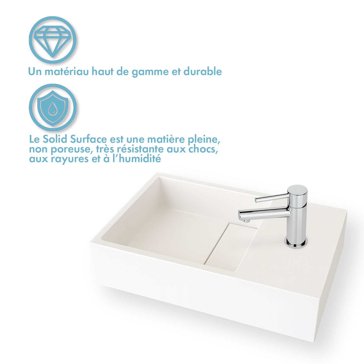 Lave-mains suspendu blanc mat MANITA D - Lavabo rectangulaire en Solid surface 35cm - 6