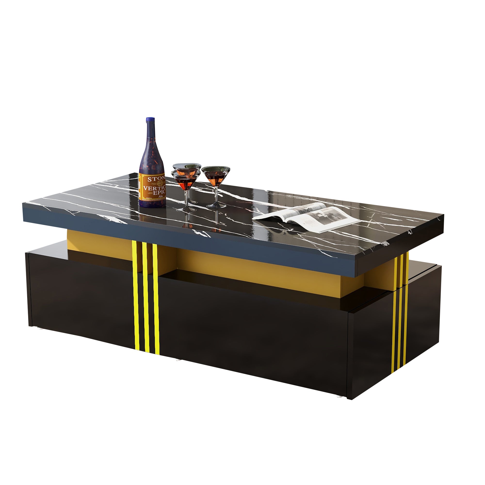 Table basse rectangulaire avec 2 tiroirs - 100x50x40 cm - panneaux de particules - plateau marbré, pour salon - noir - 6