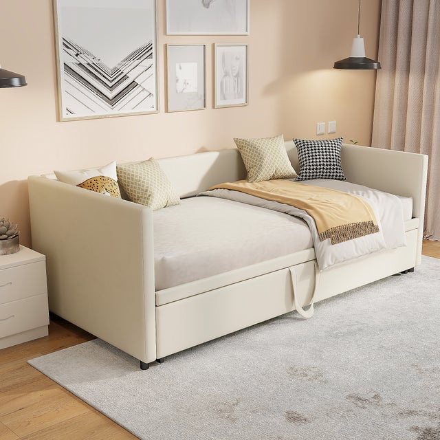 Sofá cama extensible 90/180 x 200 cm con somier de láminas, sofá cama de 2 plazas, terciopelo, beige