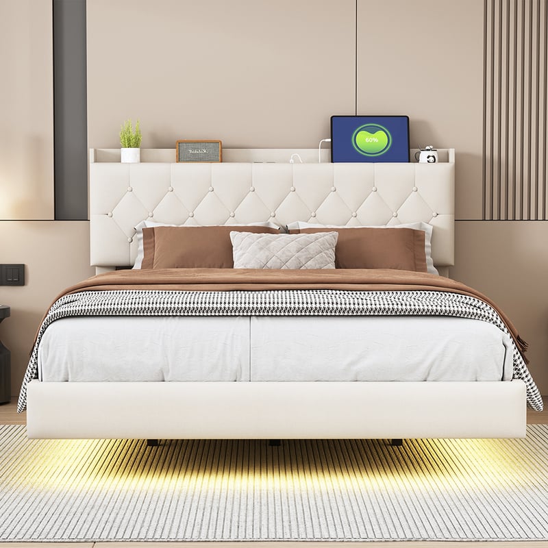 Łóżko tapicerowane 140*200 cm, z portem ładowania USB i opaską LED zmieniającą kolor, podwójne, pościel, beżowe