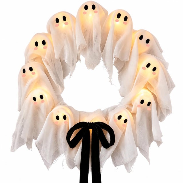Guirlanda de Halloween com Fantasmas Brilhantes e Laço Rosa Antigo - com Luz 30 x 30 cm
