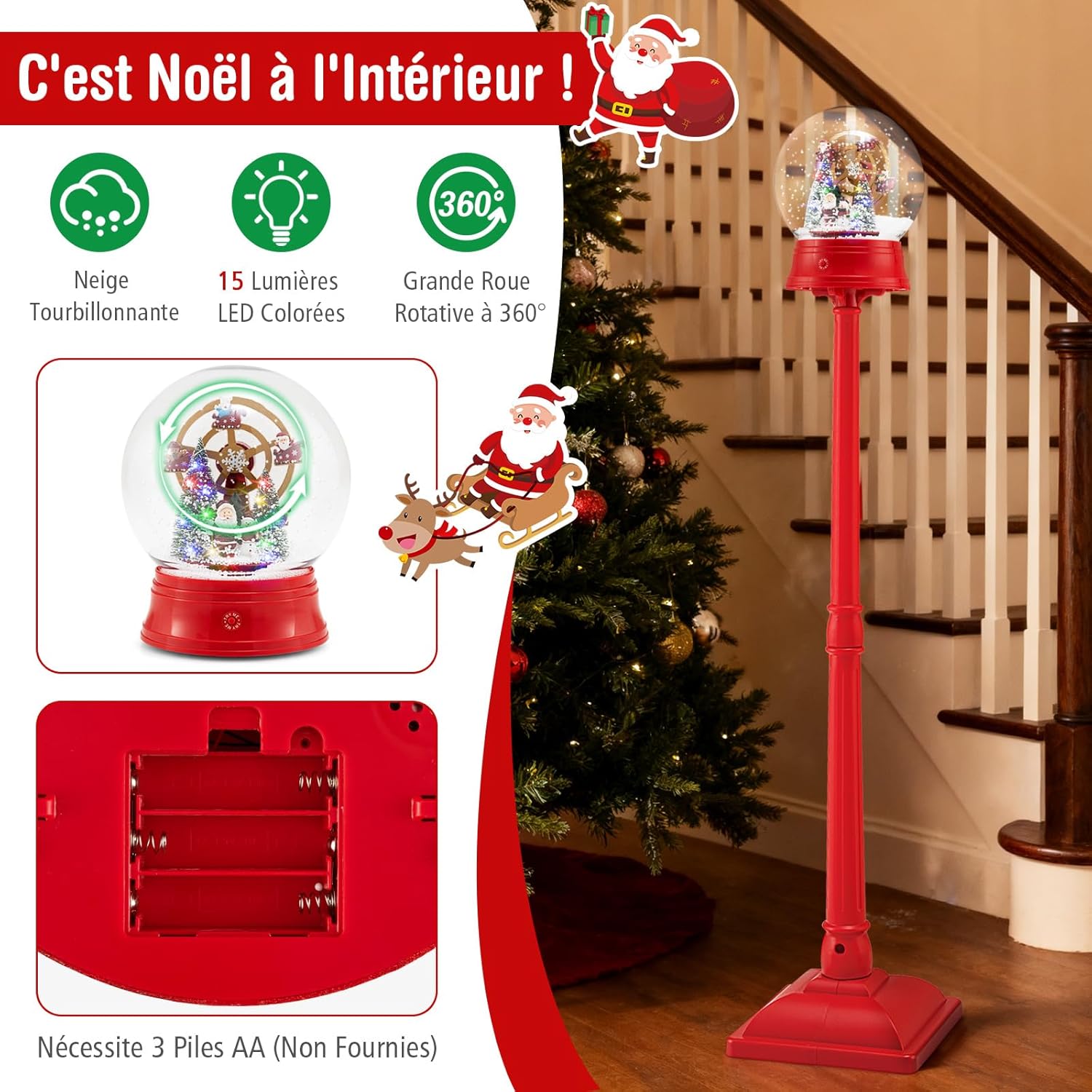 Lámpara de Navidad con Luces LED, Adorn Decoración Exterior con Poste, Globo de Nieve, Farola con 8 Canciones Navideñas y Base Ancho (Noria) - 5