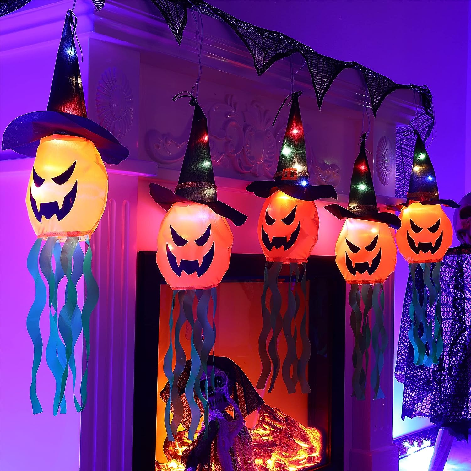 Guirlande Halloween Chapeaux Sorcière Lumineuse - 8 Pièces Avec Télécommande, Décor Extérieur