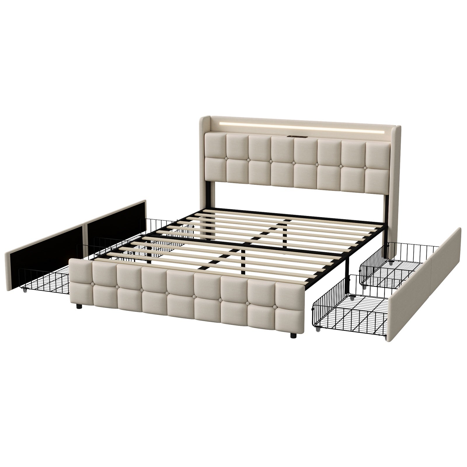 Lit 160 x 200 cm double avec rangement,Lit rembourré,Avec 4 tiroirs,Ports de recharge USB,Éclairage LED réglable,Tissu lin beige,Sommier à lattes - 7