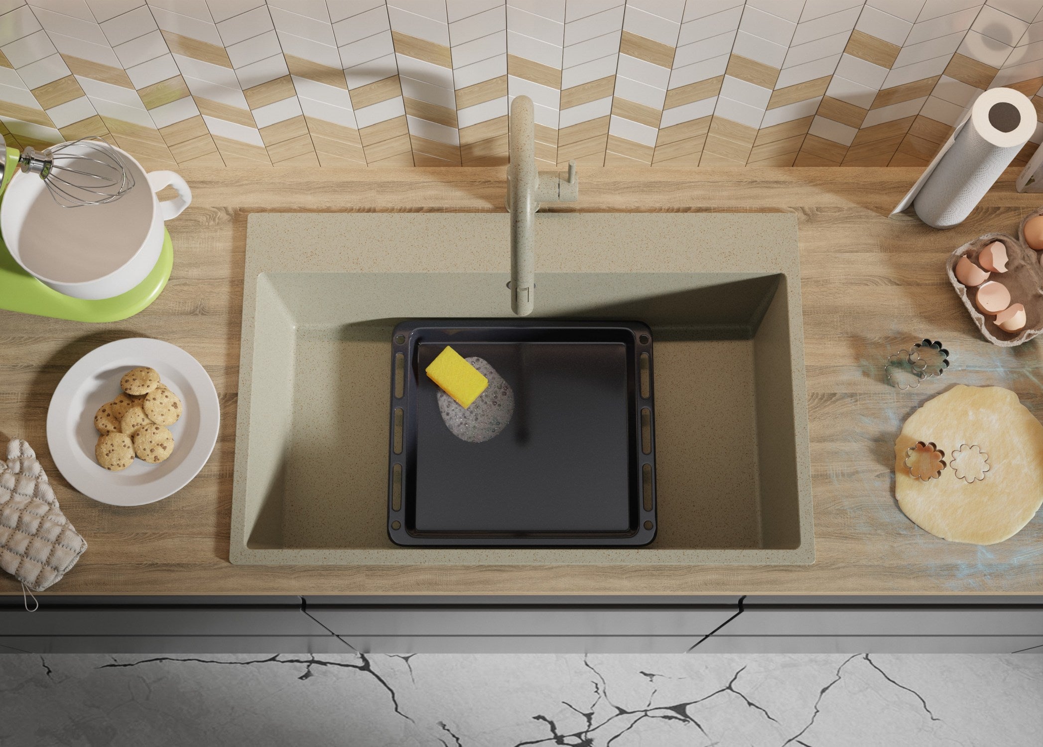 Evier Cuisine en Granit Beige 78x50cm, Lavabo 1 bac + Kit de Vidage, Évier à Encastrer au meuble 80cm - Riga PRIMAGRAN - 7