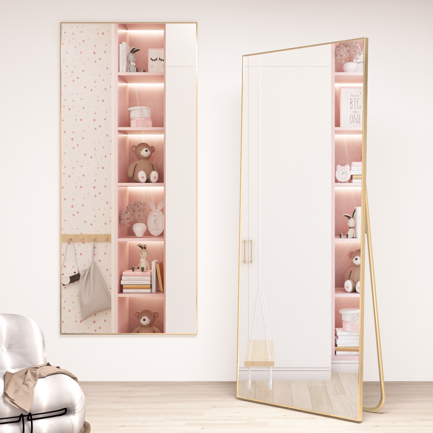 Espejo de piso rectangular, espejo de pared de cuerpo entero, marco de aluminio, independiente o colgante, dorado - 2