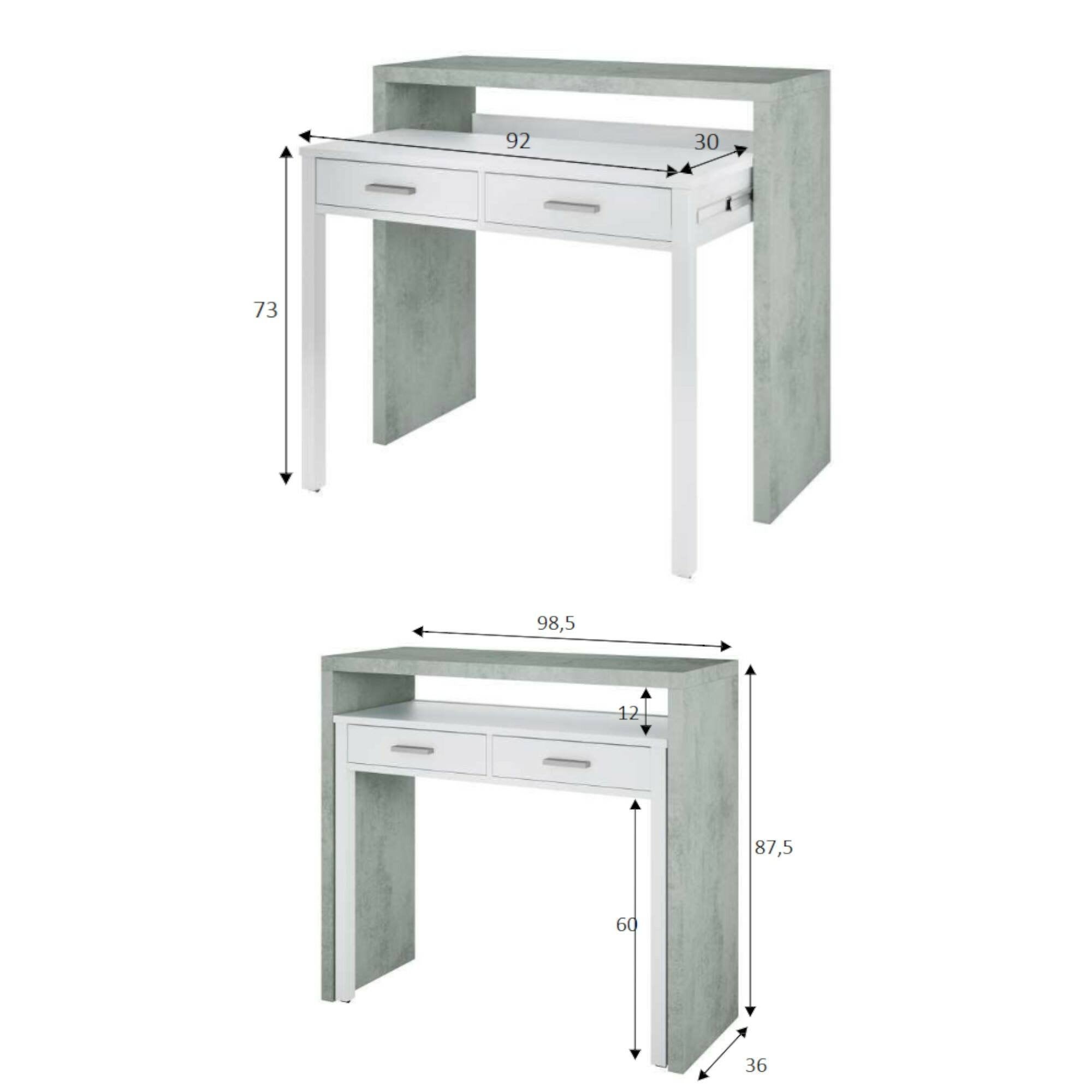 Bureau Billings, Bureau avec plateau extensible, Bureau PC avec 2 tiroirs, 99x36h88 cm, Ciment et Blanc - 3