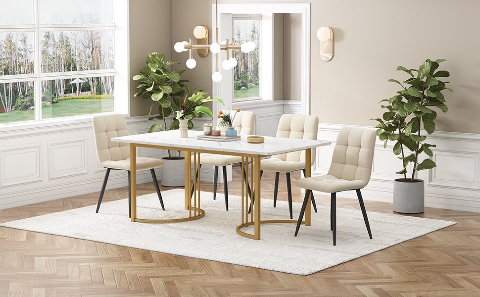 Ensemble table à manger + 4 chaises en velours -140 x 80 x 75 cm - MDF et pièds en métal doré - Blanc + beige - 2