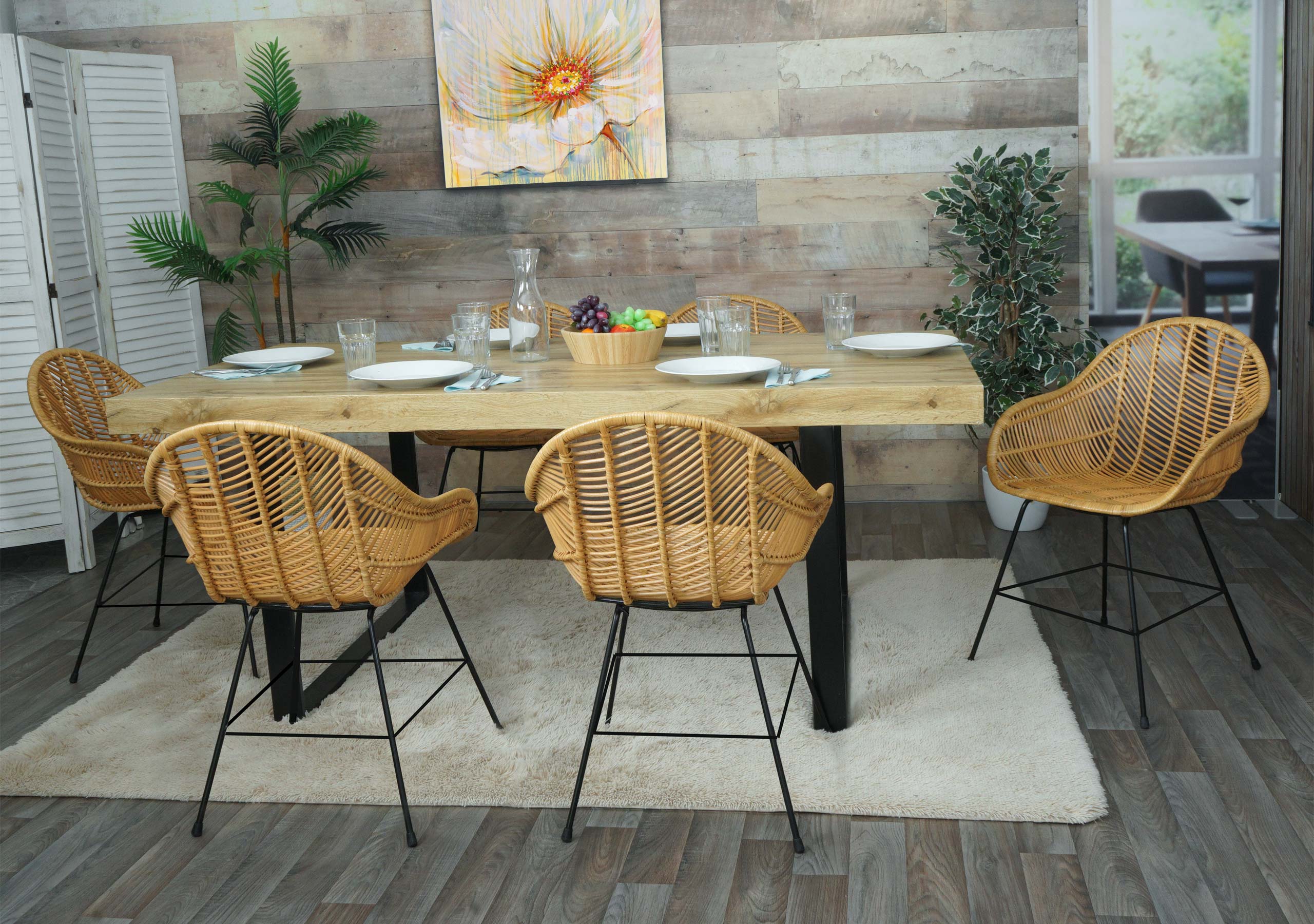 Set 6x sedie HWC-M28 sala da pranzo cucina rattan Kubu intreccio