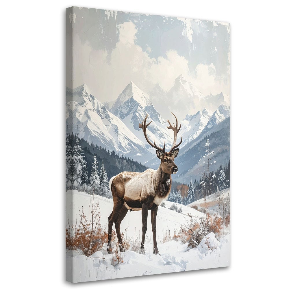 Obraz do salonu jadalni biura, Renifer zima śnieg pejzaż górski 40x60