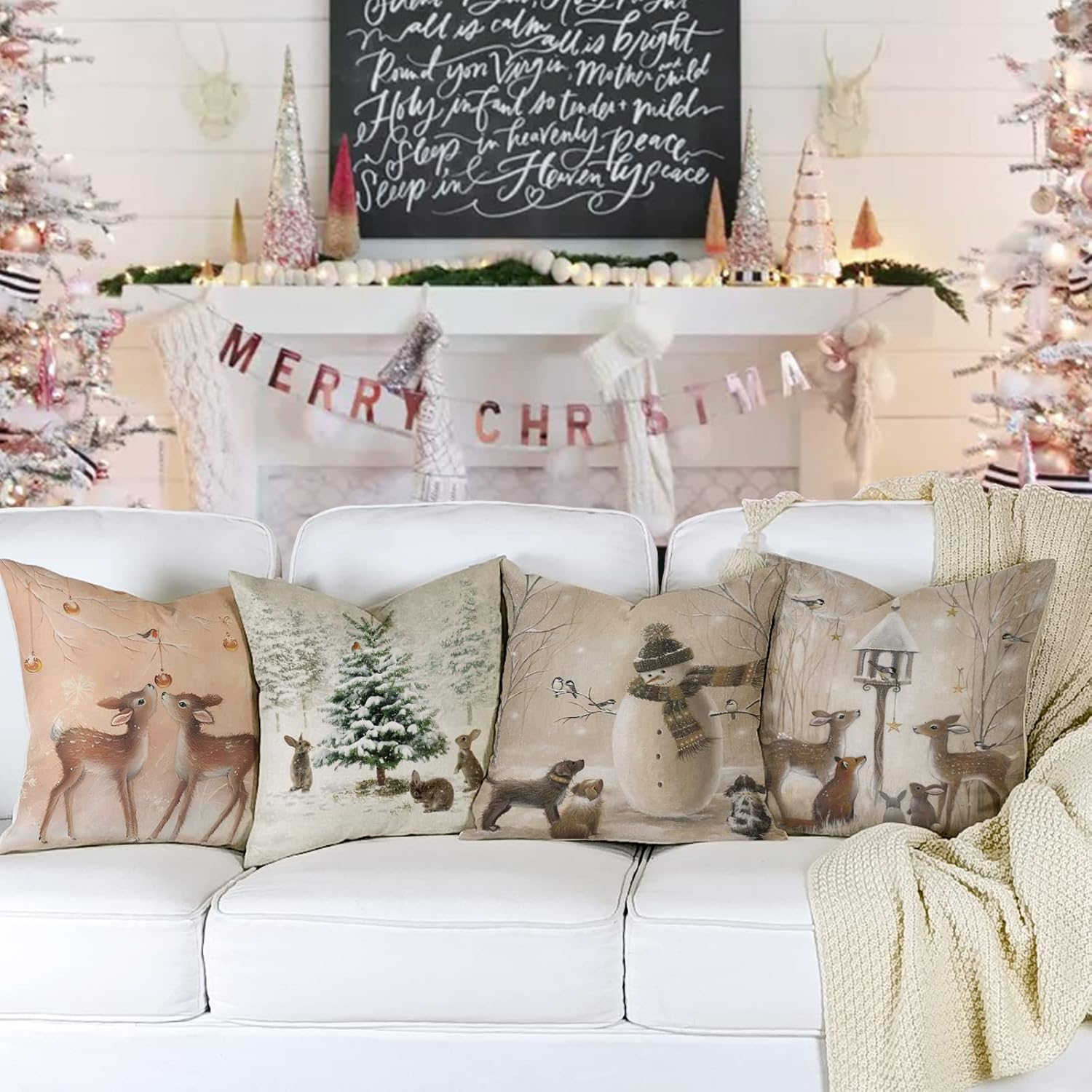 Lot De 4 Housses De Coussin Noël 45x45 Cm - Coton Et Jute - Décoration D'intérieur Festive