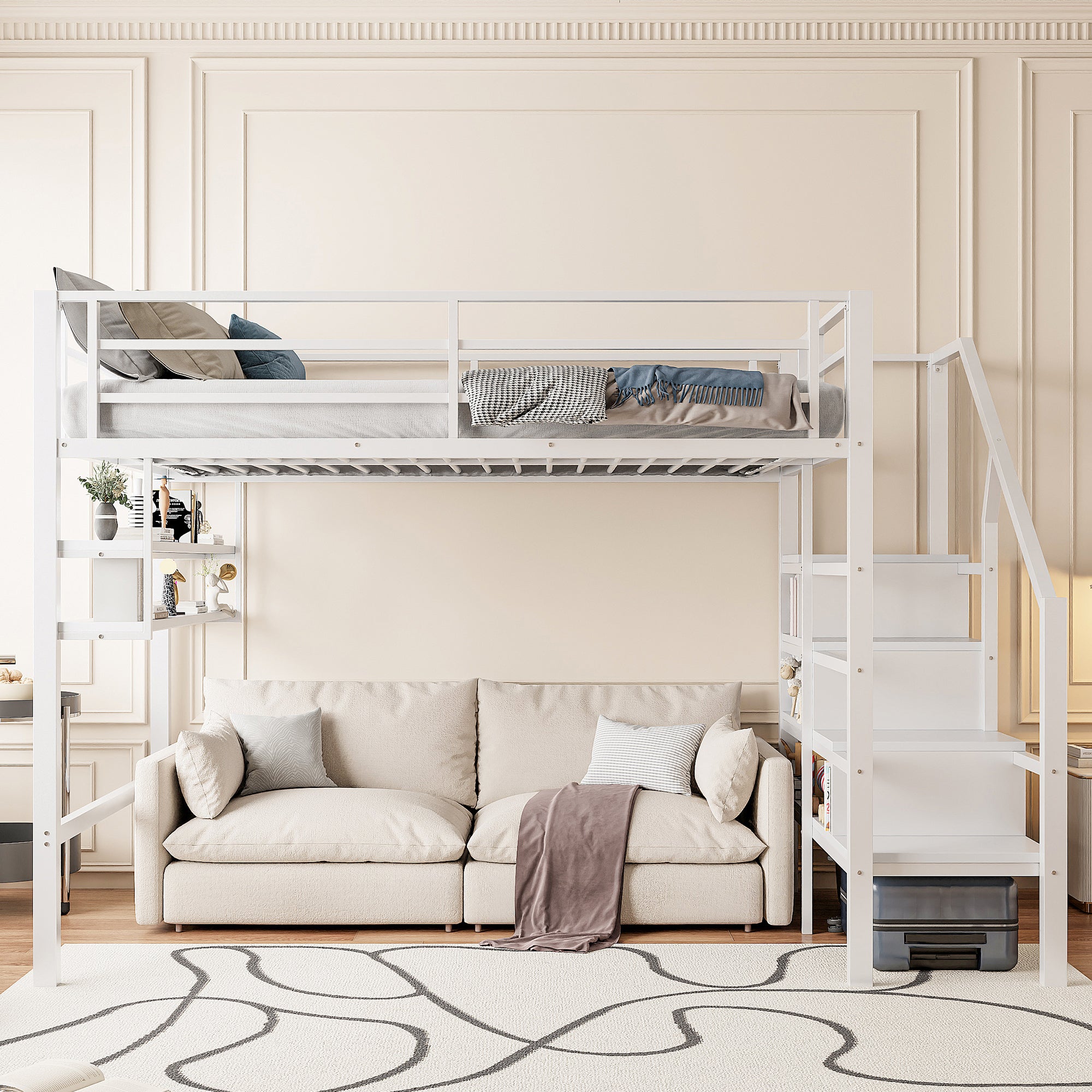 Lit mezzanine 140 x 200 cm avec étagères de rangement et échelle - Métal - Blanc (sans matelas) - 3