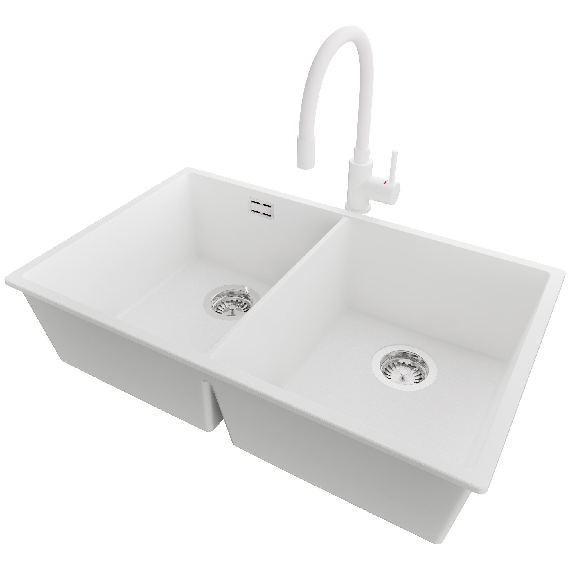 Zlewozmywak podblatowy Biały 76x47cm, Zlew Kuchenny 2 Komorowy + Bateria 38x14cm + Syfon, do szafki od 80cm - Londyn Twin PRIMAGRAN