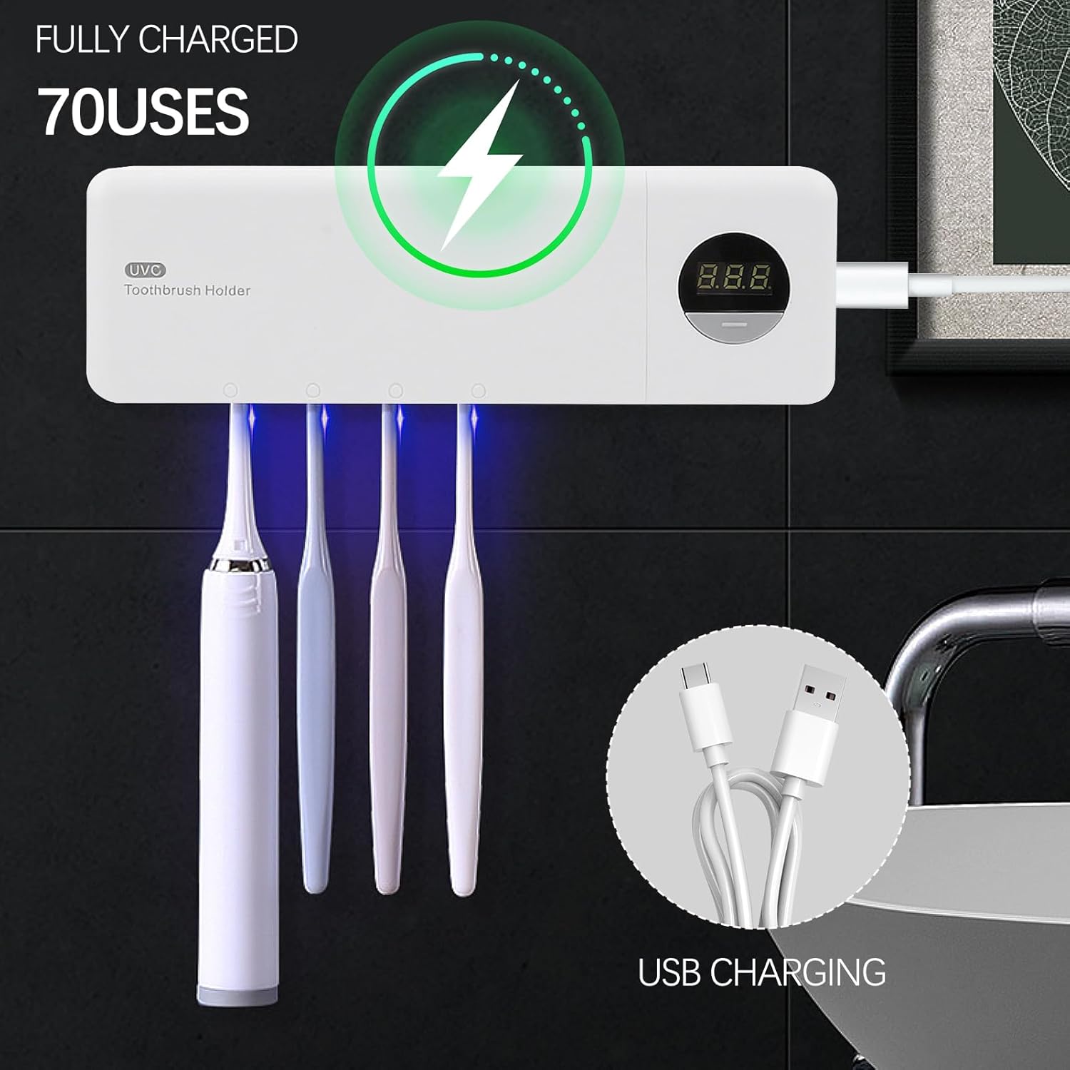 Brosse à Dents e UV, Support de Brosse à Dents Mural avec Fonction Stérilisateur, 6 Emplacements pour Brosse - 2