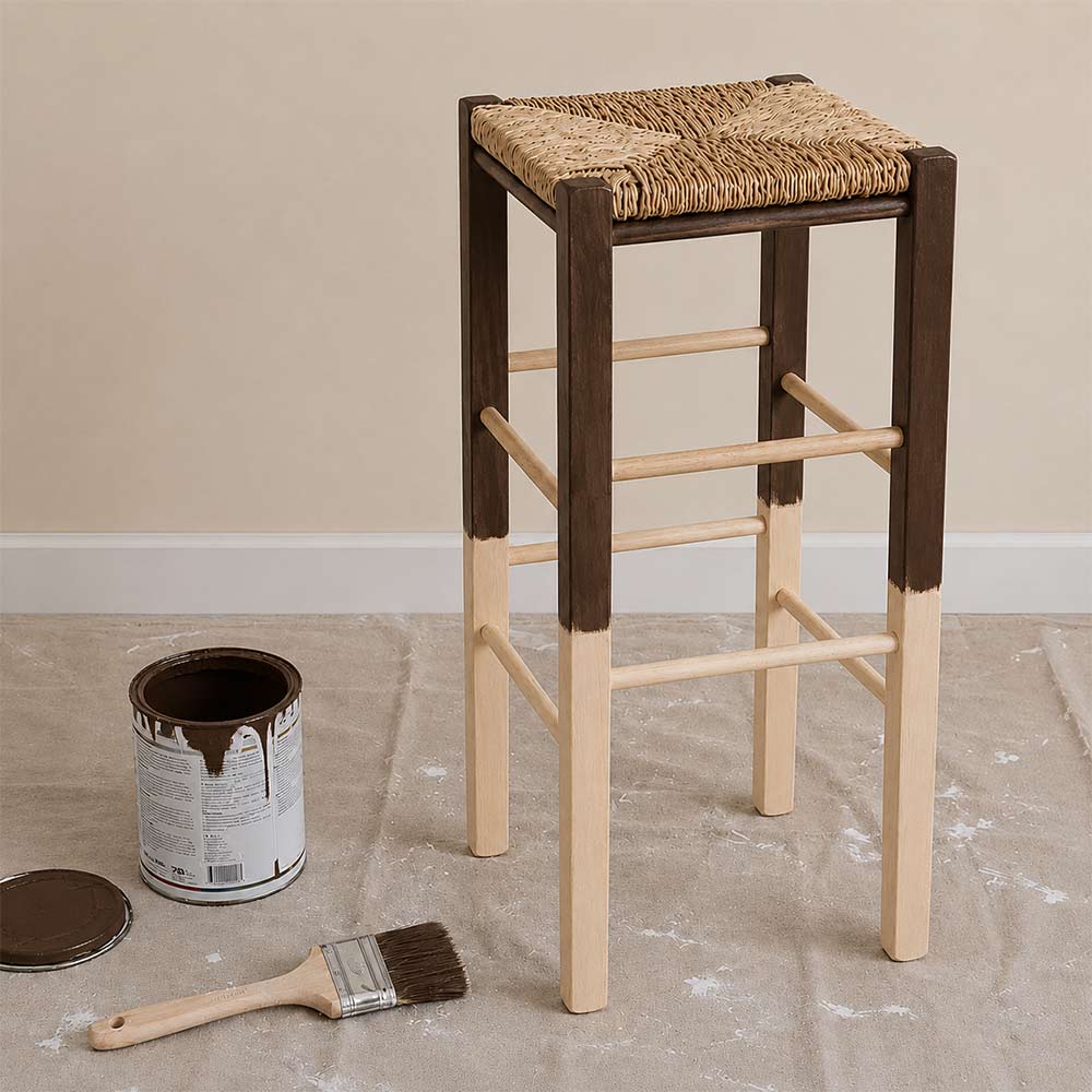 Tabouret de bar de 73 cm de haut en bois brut à peindre, assise carrée en paille. - 5
