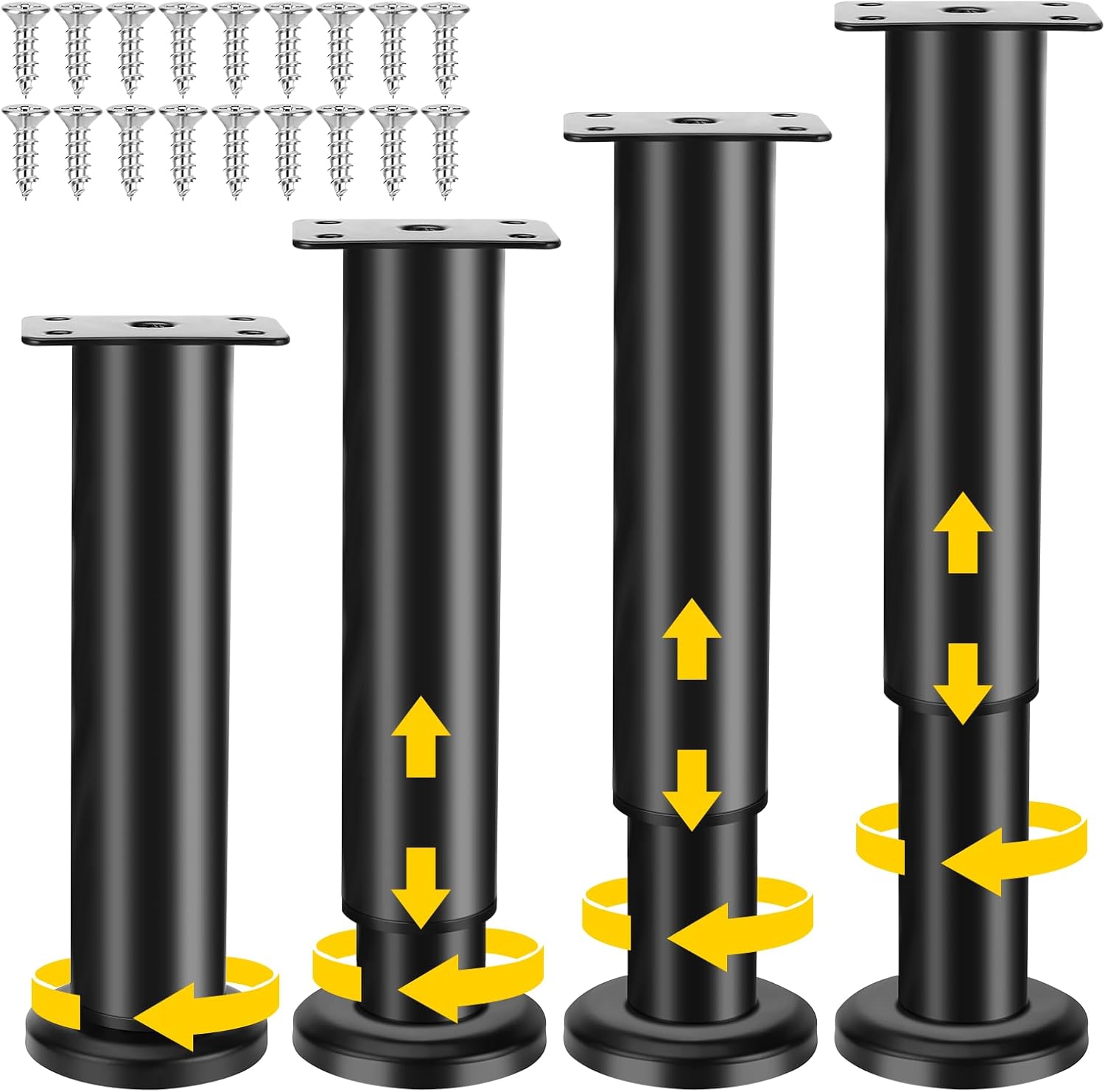 Picioare reglabile din metal negru 18-30 cm (set de 4) – cu 18 șuruburi, pentru canapele, mobilier, mese și scaune 4buc