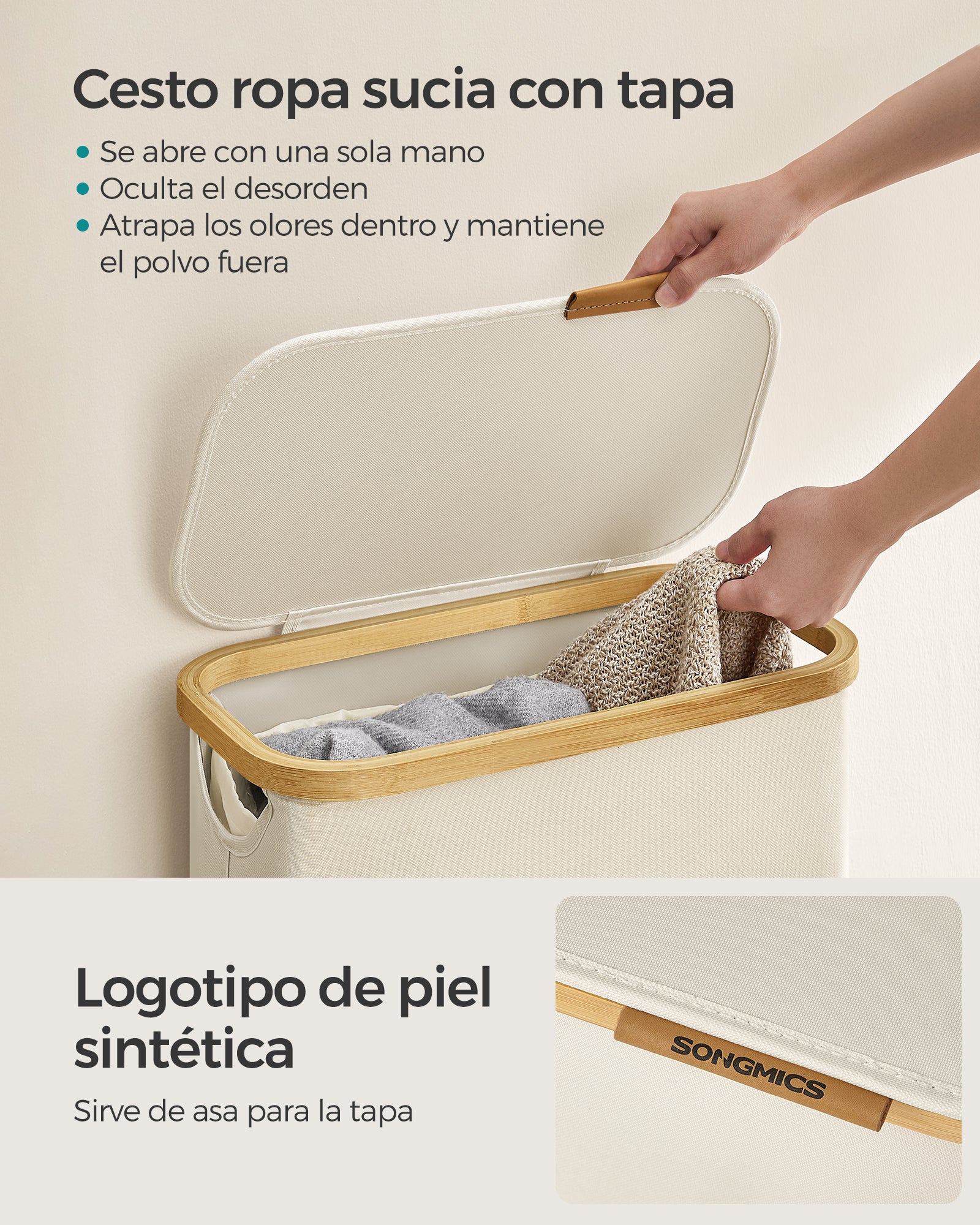 Cesto de Ropa Sucia con Tapa, 65 L, Delgada, Forro de Malla Extraíble, Asas Bambú, Plegable, 42 x 22,5 x 70,5 cm, Blanco - 5