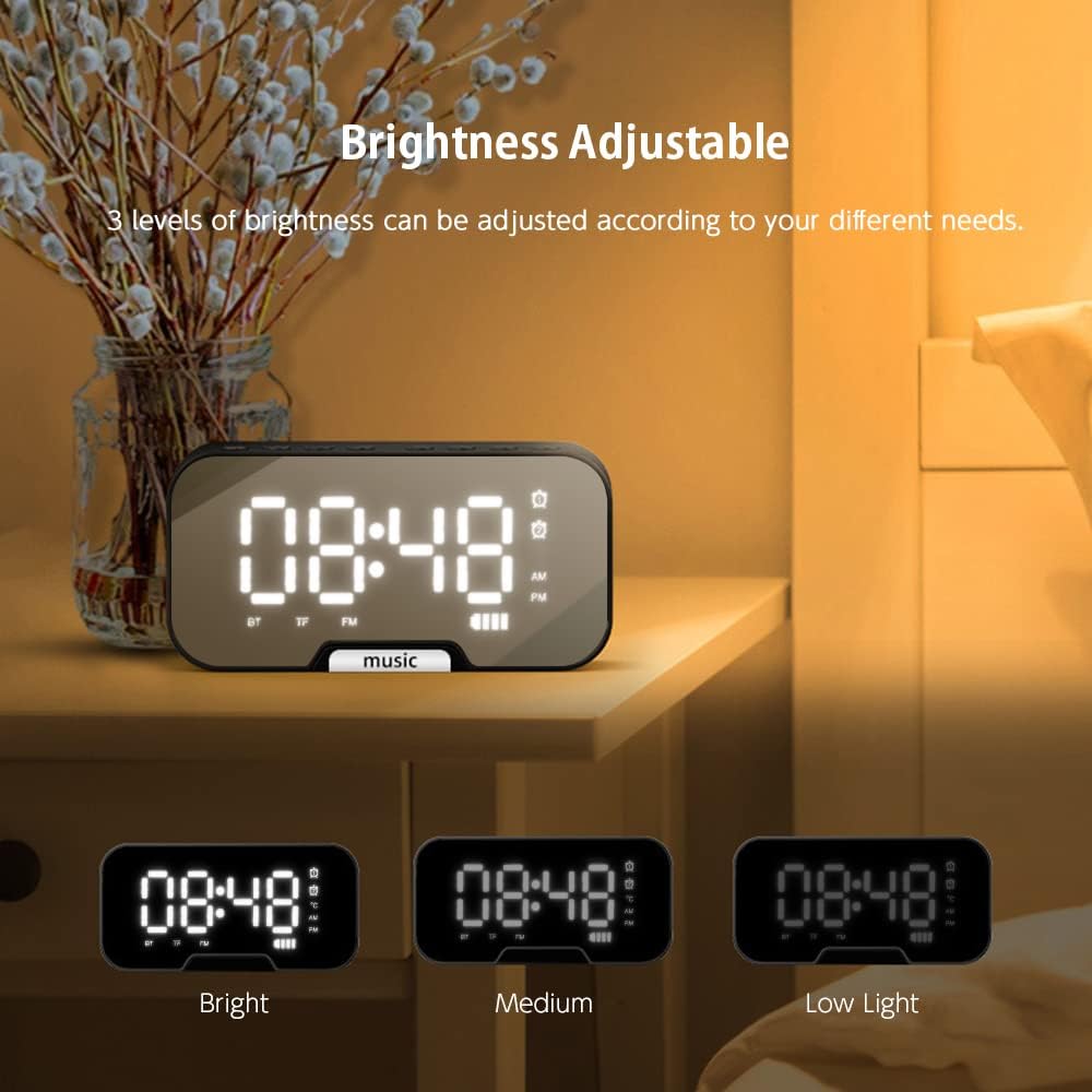 Horloge One Piece 5 en 1 avec Bluetooth, radio FM, réveil miroir, température, rechargeable, carte TF (rose) -13,9 - 3