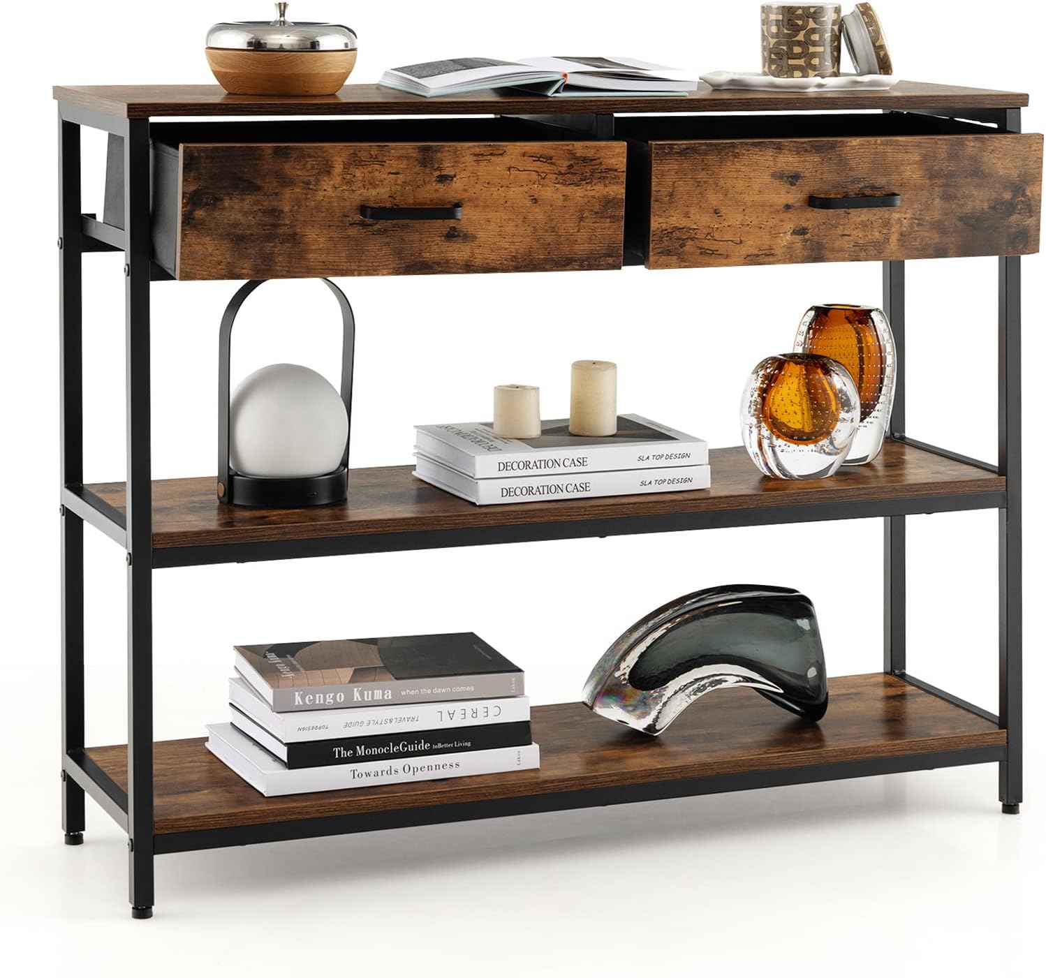 Industrialny Stolik Konsolowy z 2 Wyjmowanymi i Składanymi Szufladami, Metalowa Rama, Zabezpieczenie przed Przewróceniem, z 3 Poziomami, 100x30x80 cm