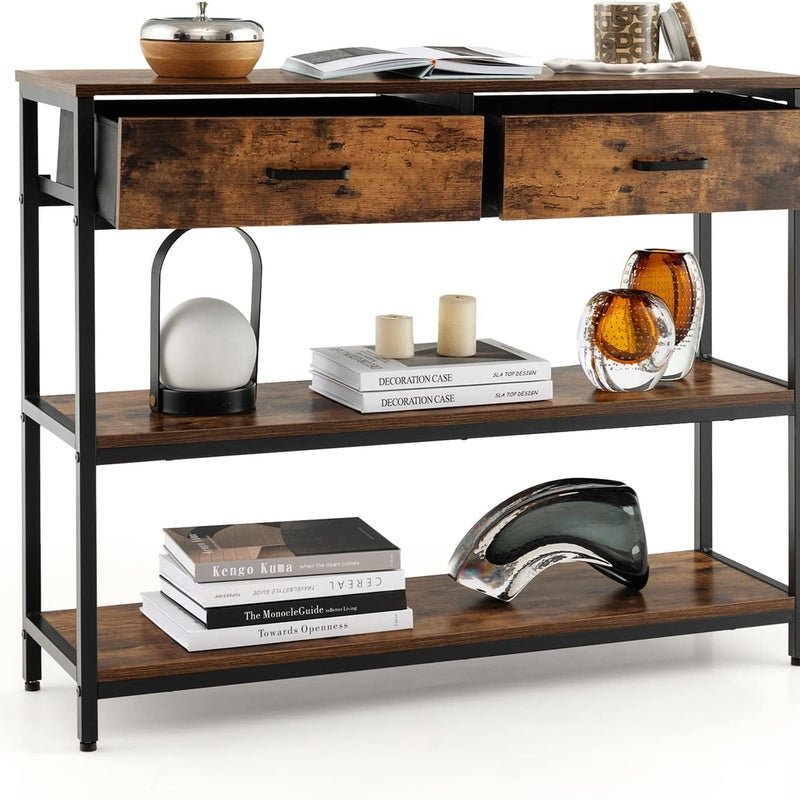 Industrialny Stolik Konsolowy z 2 Wyjmowanymi i Składanymi Szufladami, Metalowa Rama, Zabezpieczenie przed Przewróceniem, z 3 Poziomami, 100x30x80 cm