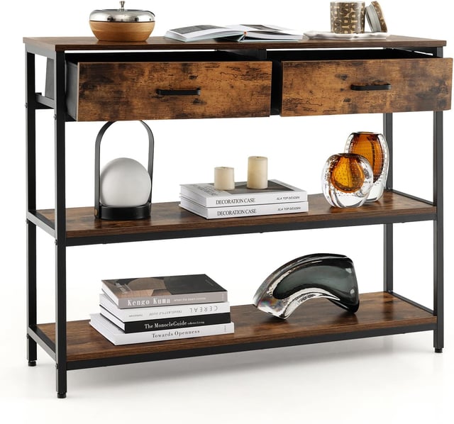 Tavolo Consolle per Soggiorno, Tavolo d’Ingresso a 3 Livelli con 2 Cassetti in Tessuto Pieghevole, Consolle in Stile Industriale per Corridoio, 100 x