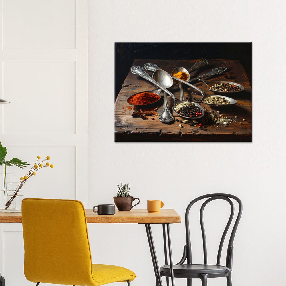 Obraz do kuchni restauracji baru jadalni, Przyprawy na srebrnych łyżkach 60x40 - 2