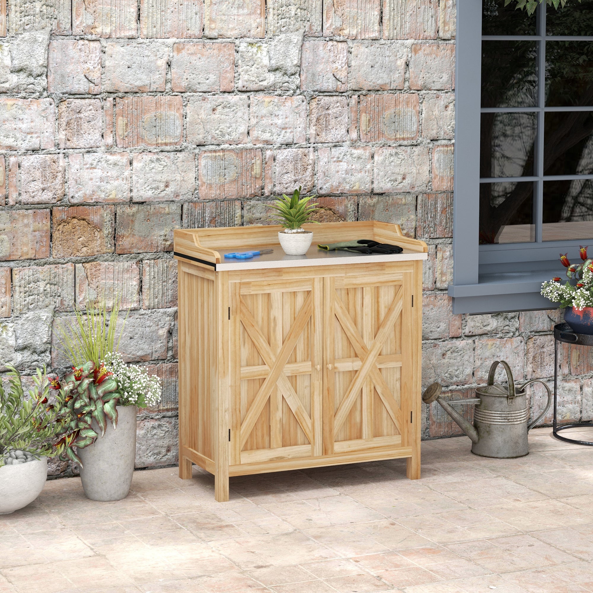 Table de rempotage armoire de rangement avec 2 étagères, plateau galvanisé patins antidérapants en bois sapin - 4
