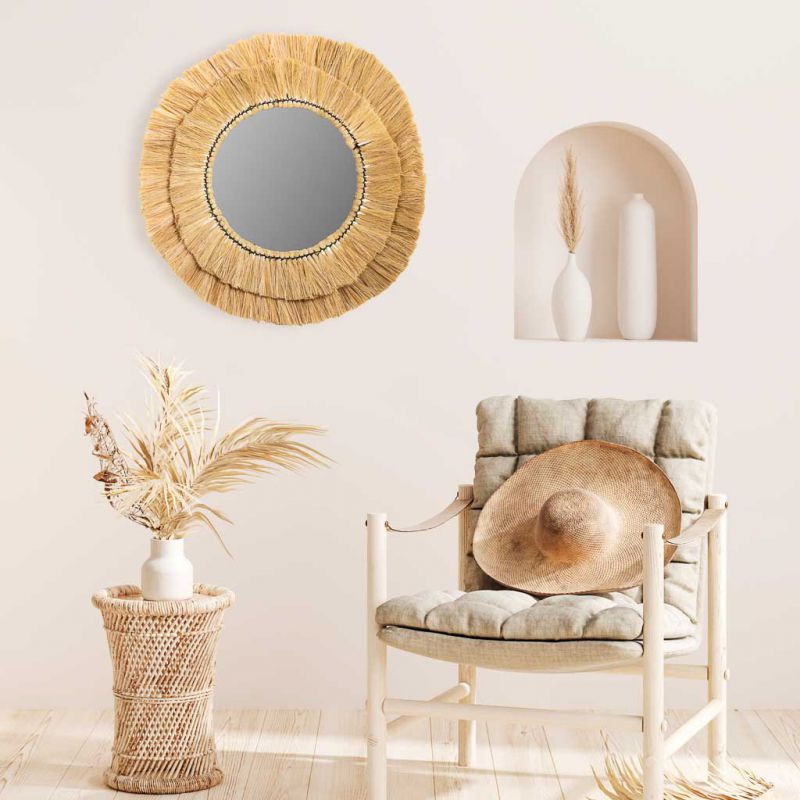 Miroir rond en fibre naturelle marron 57x57x6h - 6